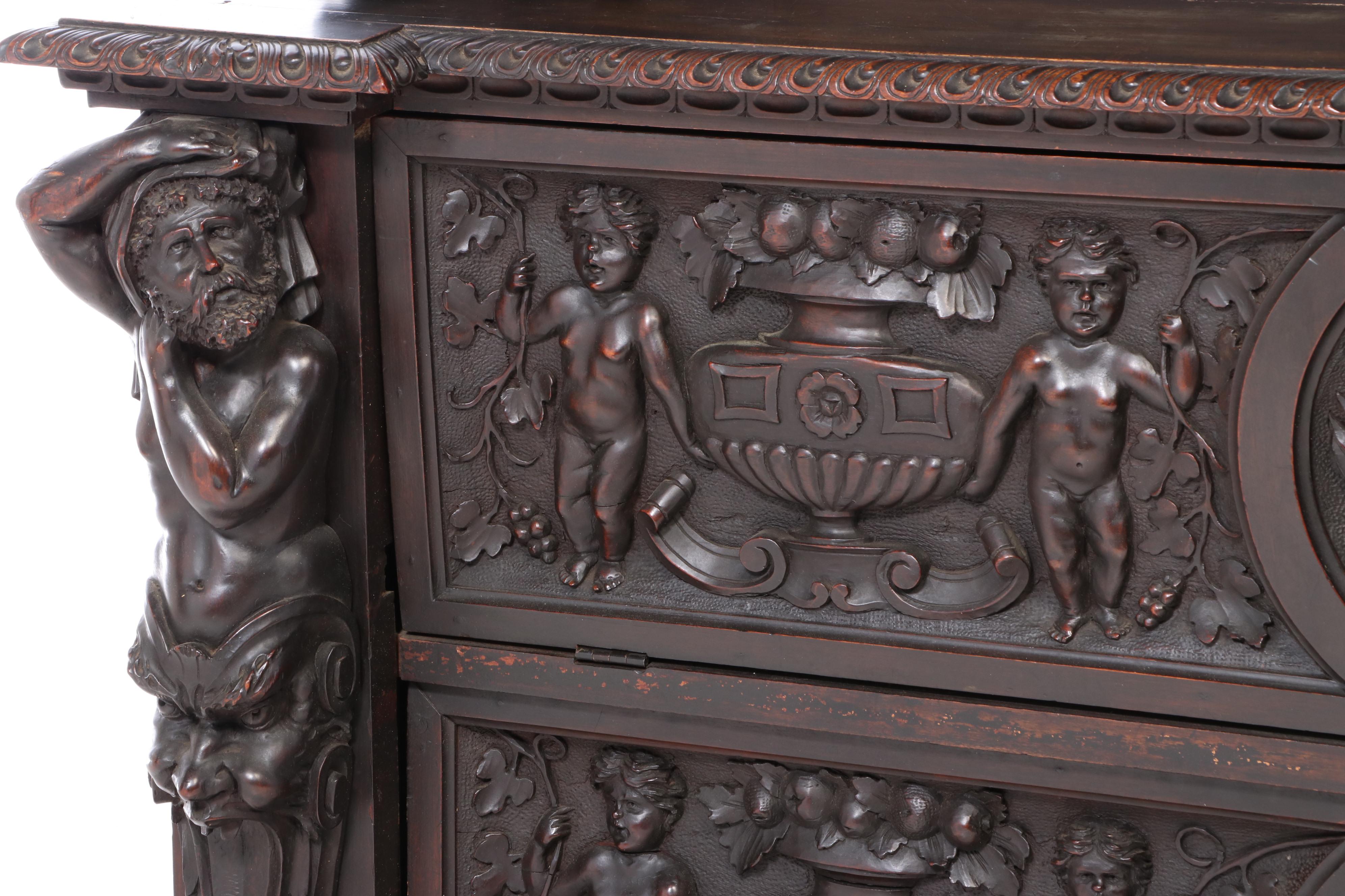 Italian Renaissance Revival Elaborately Carved Walnut Cupboard, 19th Century