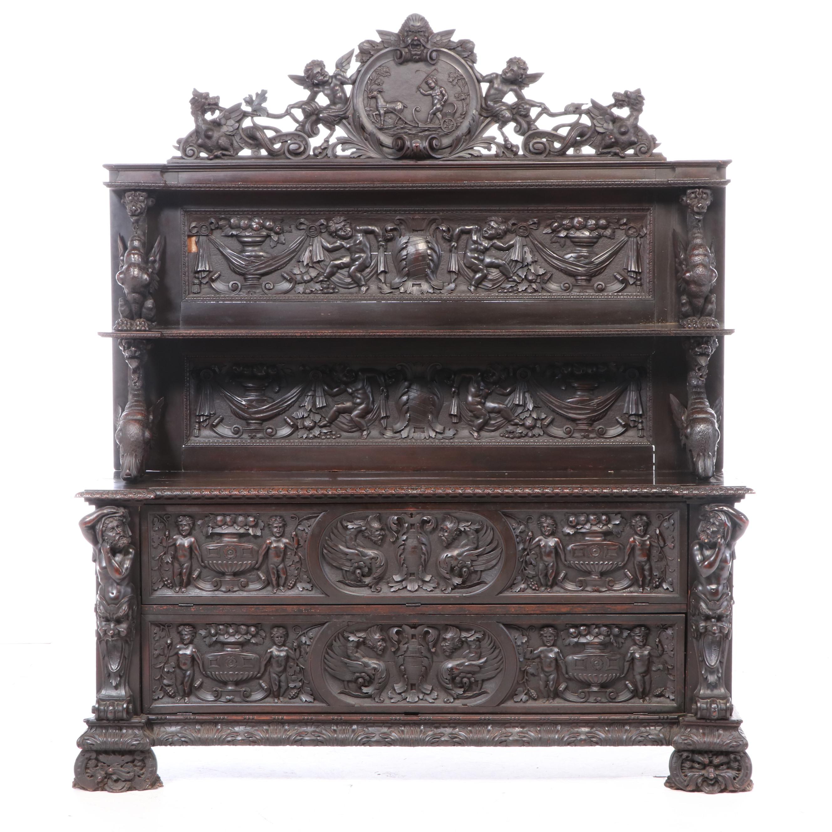 Italian Renaissance Revival Elaborately Carved Walnut Cupboard, 19th Century