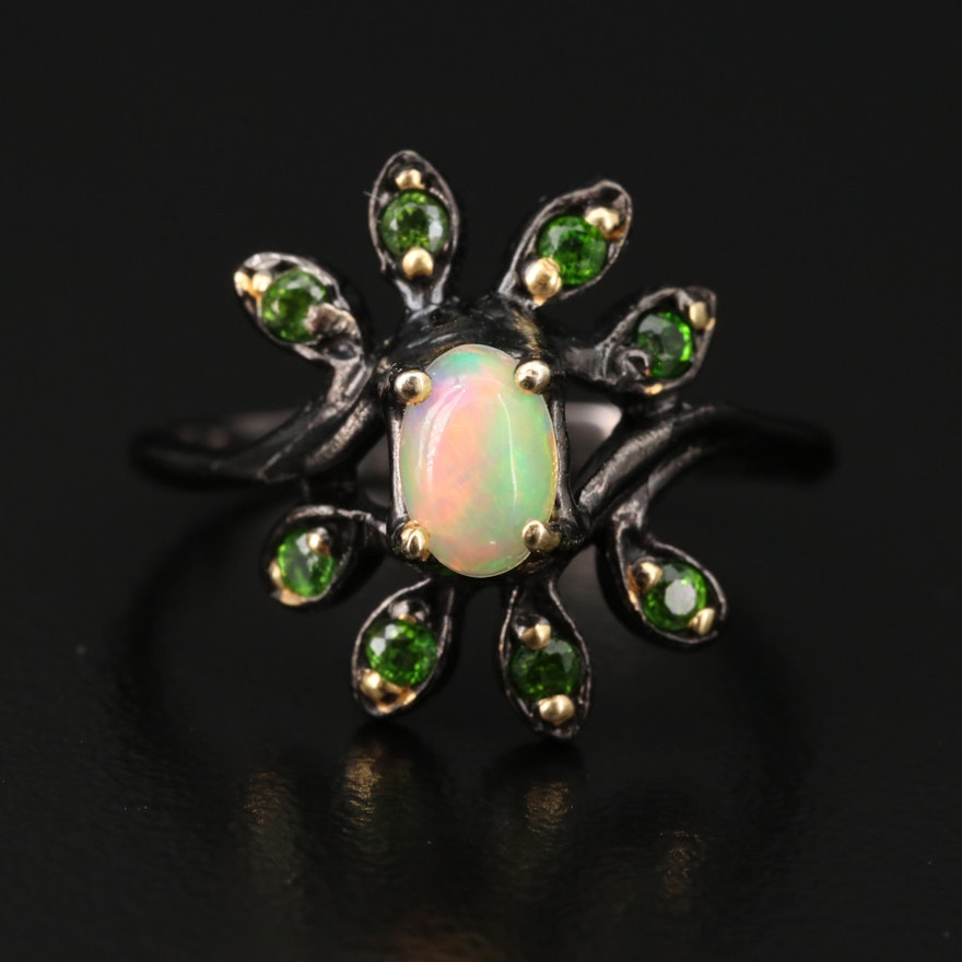 Sterling Opal and Diopside Floral Ring