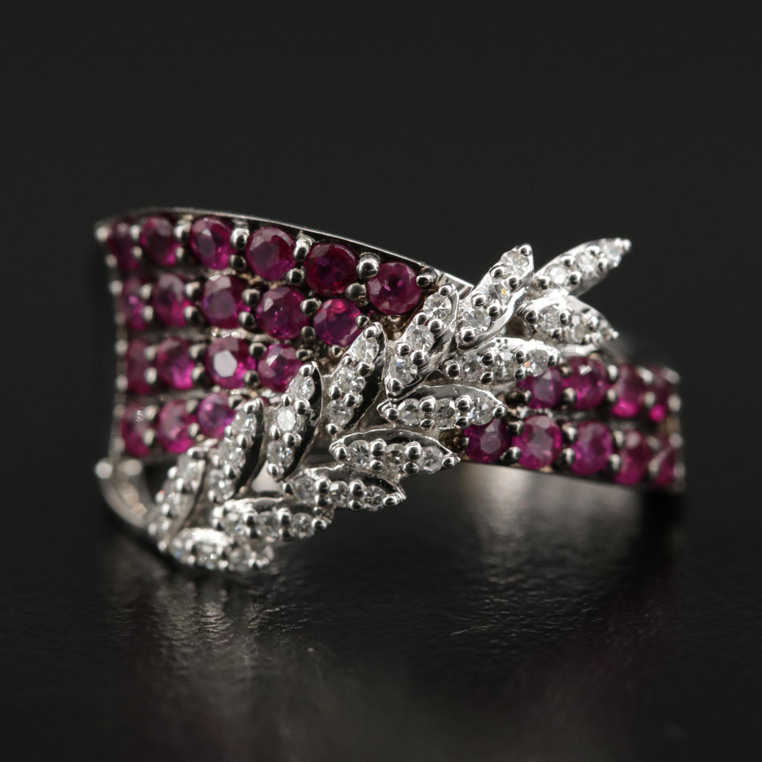 EFFY 14K Ruby Asymmetrical Ring With Diamond Leaf Accent
