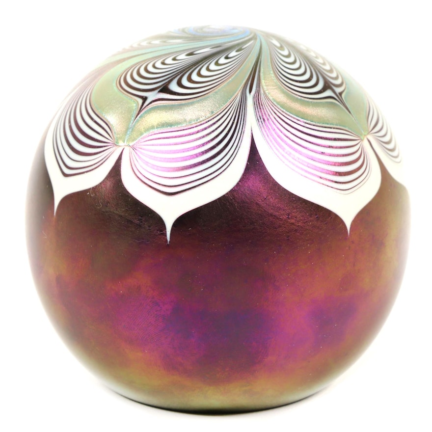 Stuart Abelman Iridescent Pulled Feather Art Glass Paperweight, 1988