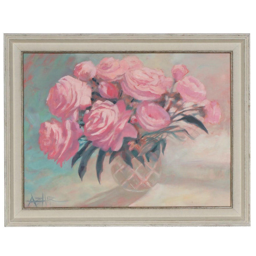 Addie Hirschten Still Life of Pink Flowers Oil Painting