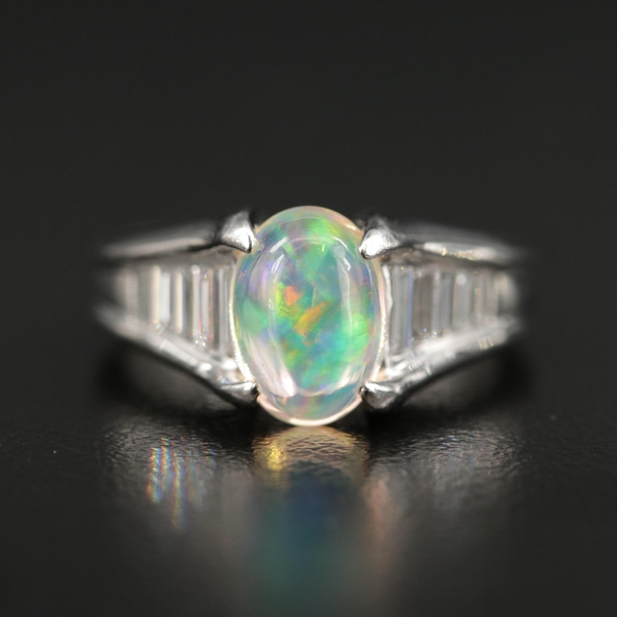 Platinum Opal and Diamond Ring