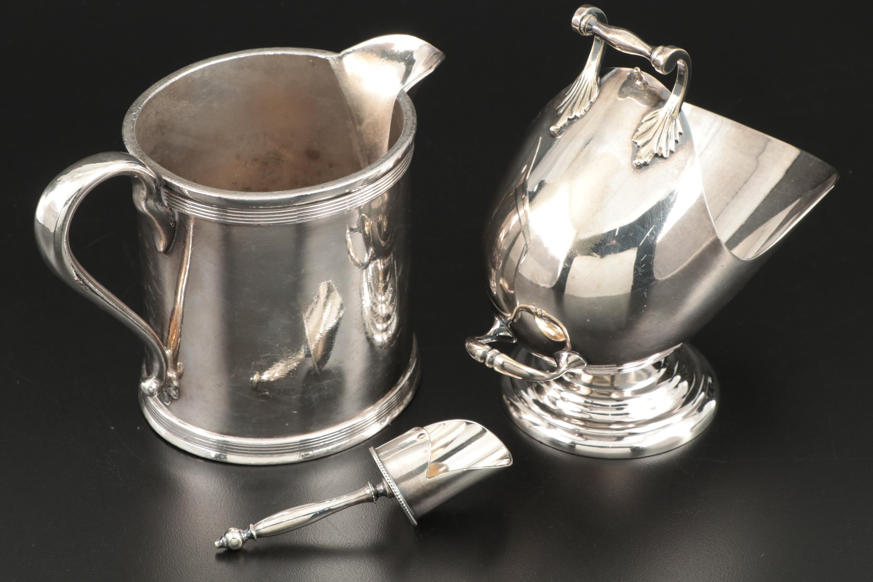 Mappin & Webb Silver Plate Sugar Scuttle and Derby Silver Plate Cream Pitcher