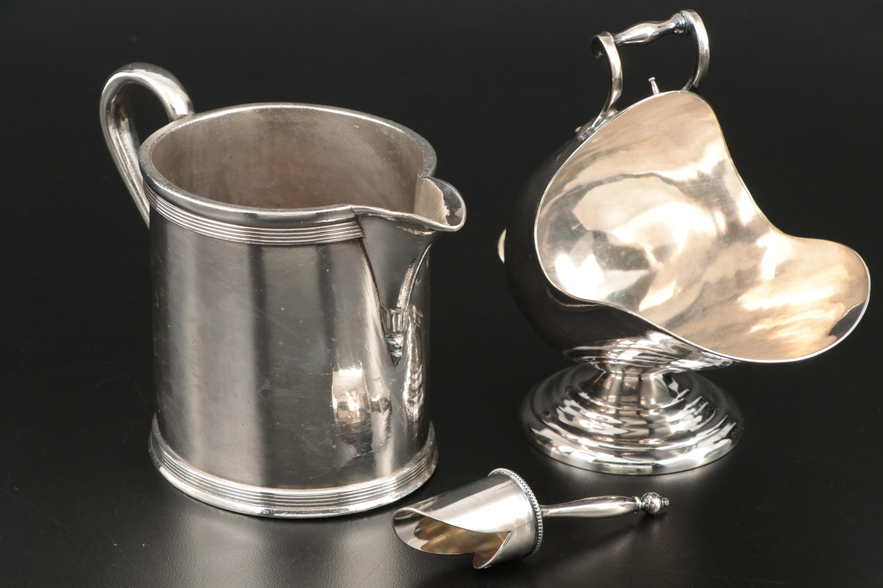 Mappin & Webb Silver Plate Sugar Scuttle and Derby Silver Plate Cream Pitcher
