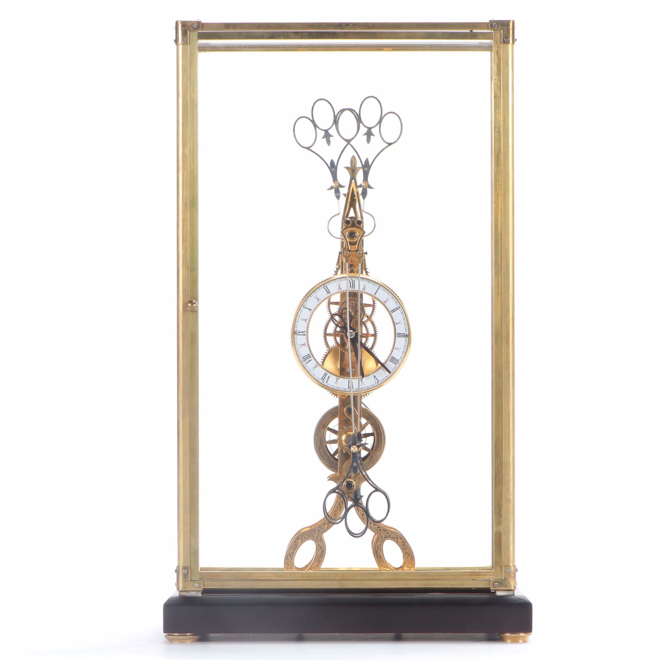 Glass Cased Skeleton Clock with Scissor Pendulum