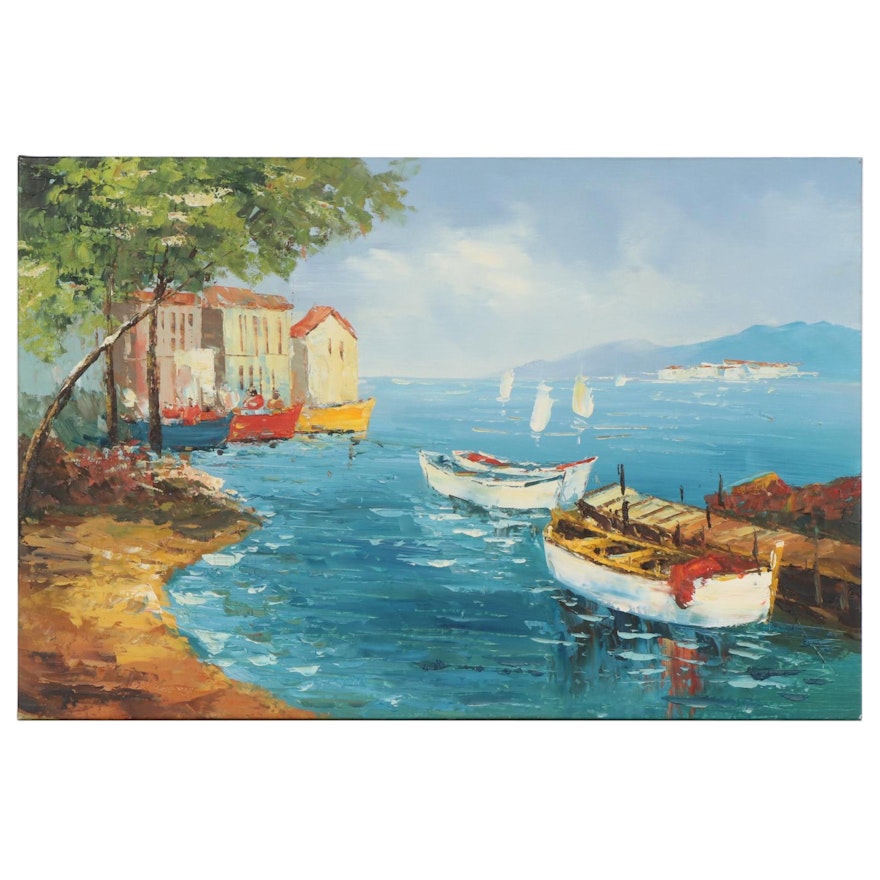 Impressionist Style Coastal Landscape with Boats Oil Painting