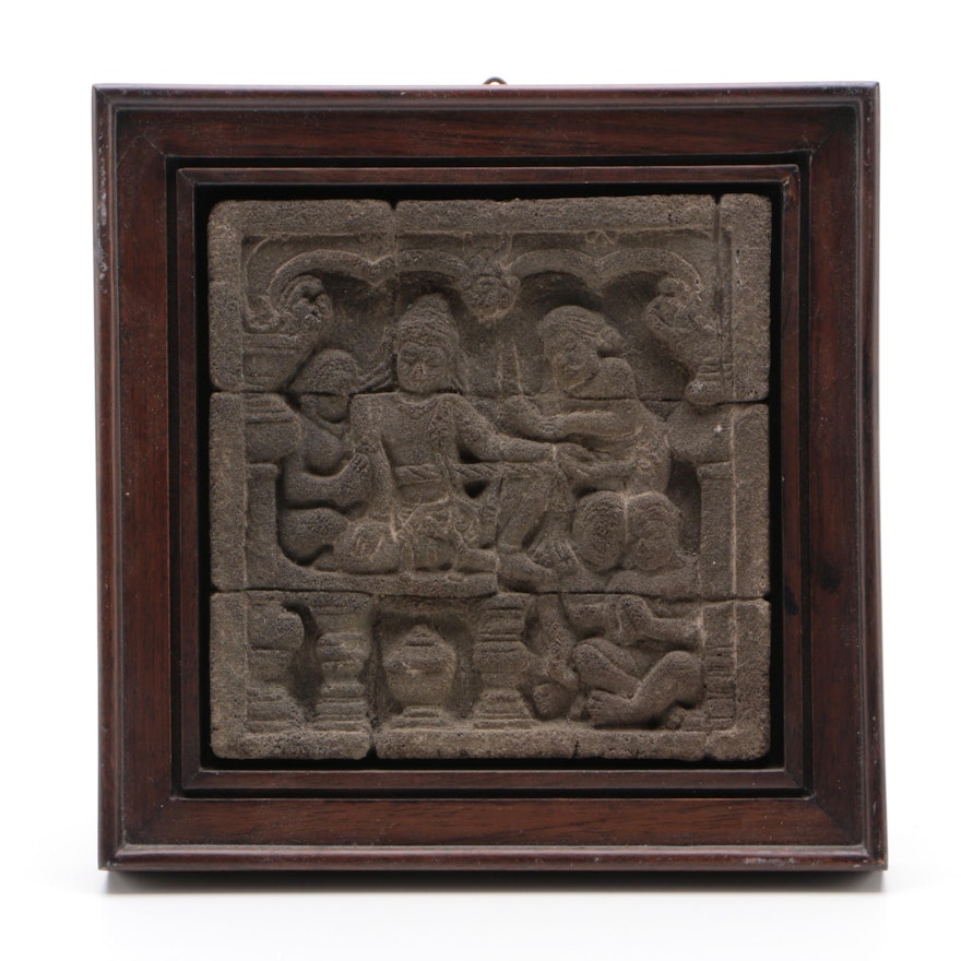 Indonesian Framed Borobudur Relief with Bodhisattva and Hindu Priests