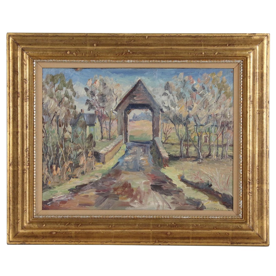 S. Frank Landscape Oil Painting of Covered Bridge, Mid to Late 20th Century