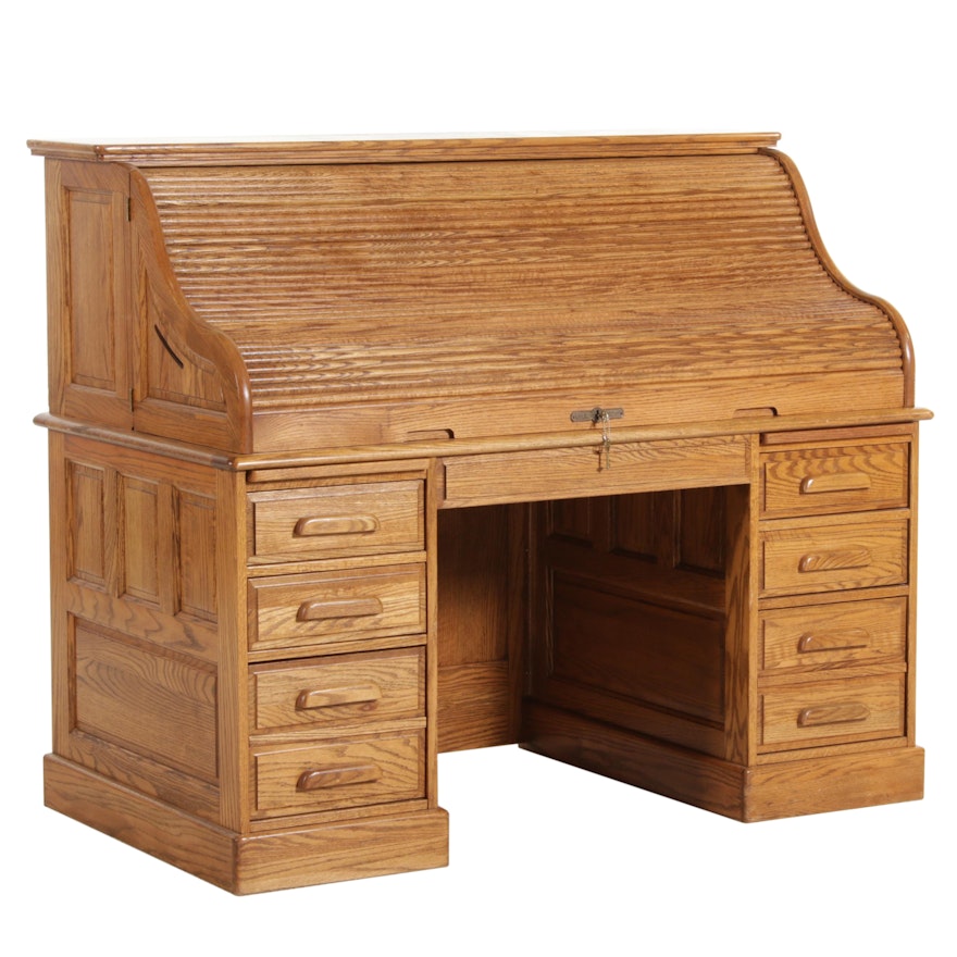 Oak Crest Rolltop Desk, Late 20th Century