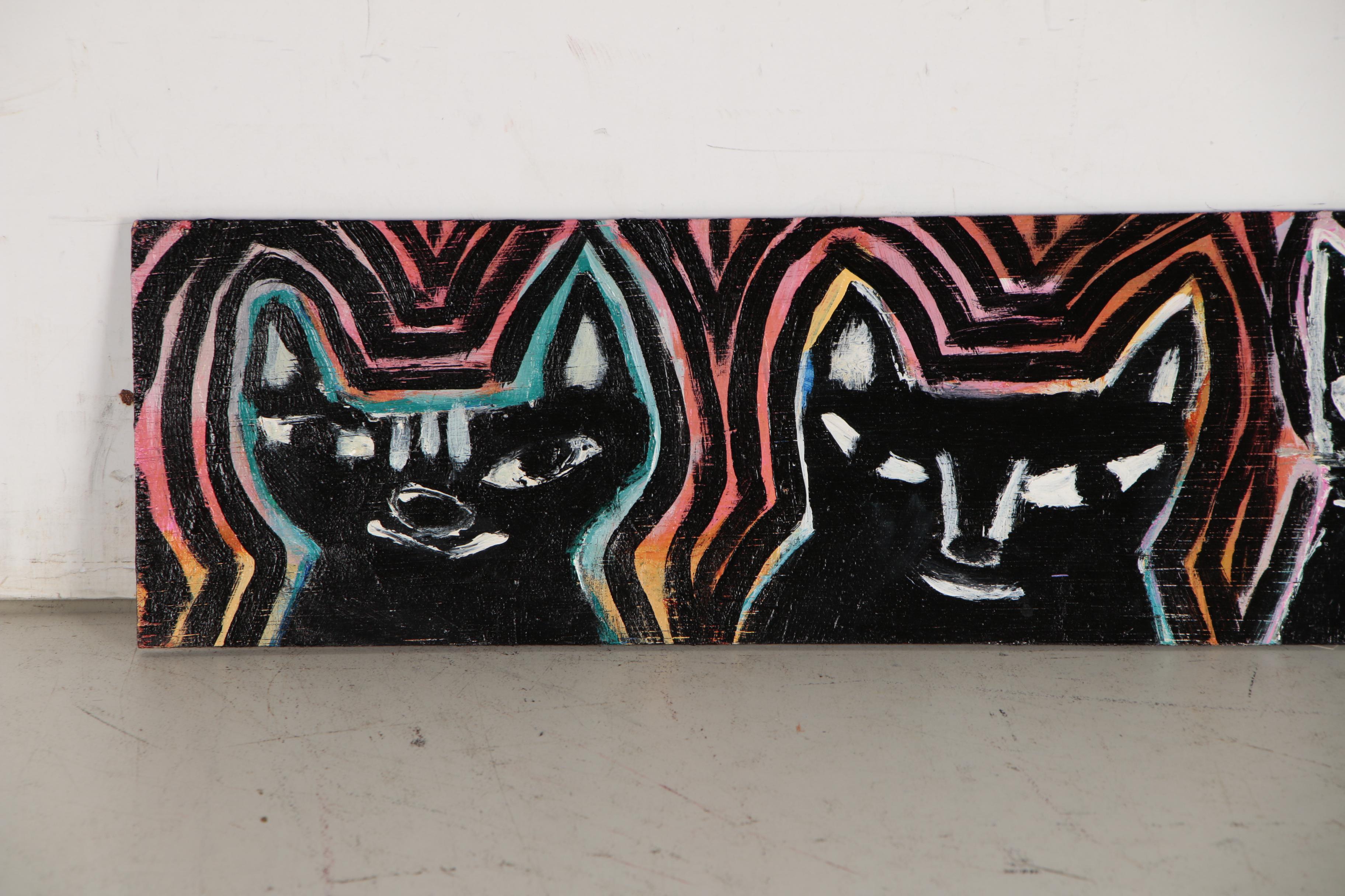 T. Marie Nolan Outsider Art Acrylic Painting of Cats