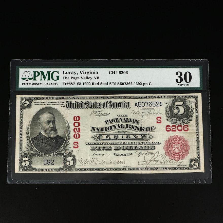 PMG Graded VF30 Series 1902 Red Seal $5 Page Valley National Bank Note