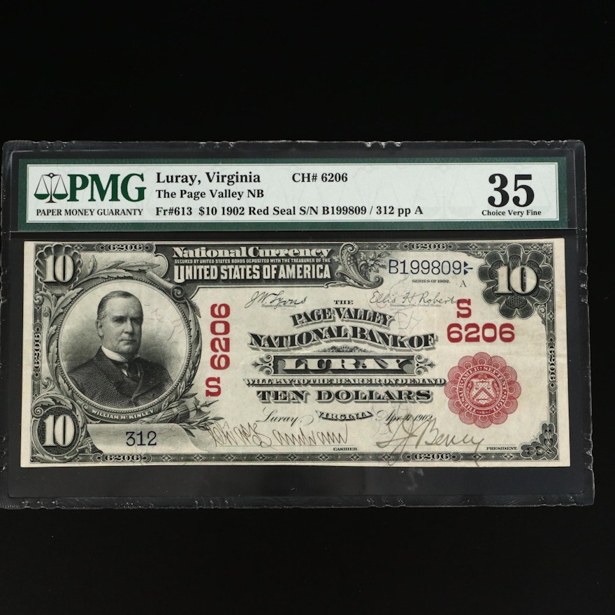 PMG Graded VF35 Series 1902 Red Seal $10 Page Valley National Bank Note