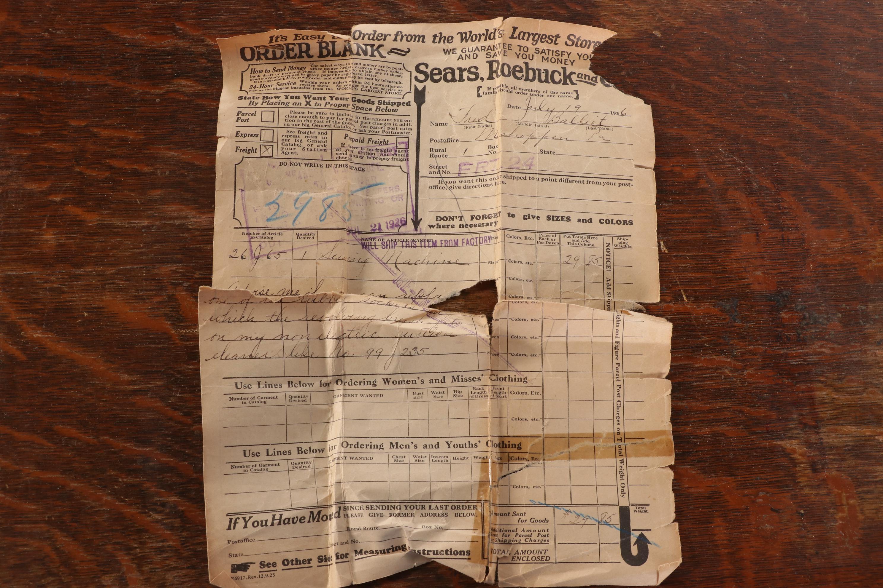 Minnesota "Model A" Sewing Machine with Original Receipt, Early 20th Century