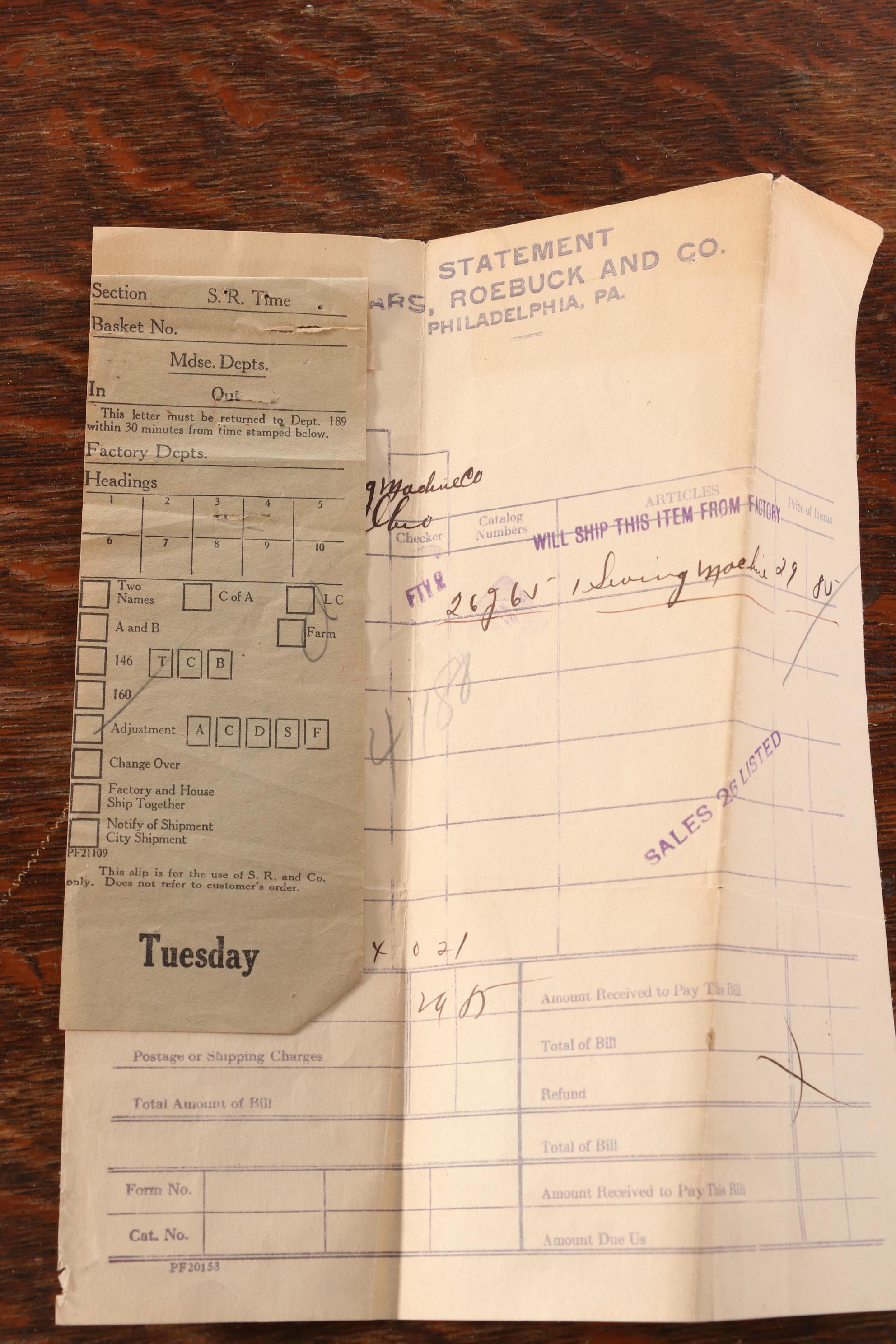 Minnesota "Model A" Sewing Machine with Original Receipt, Early 20th Century