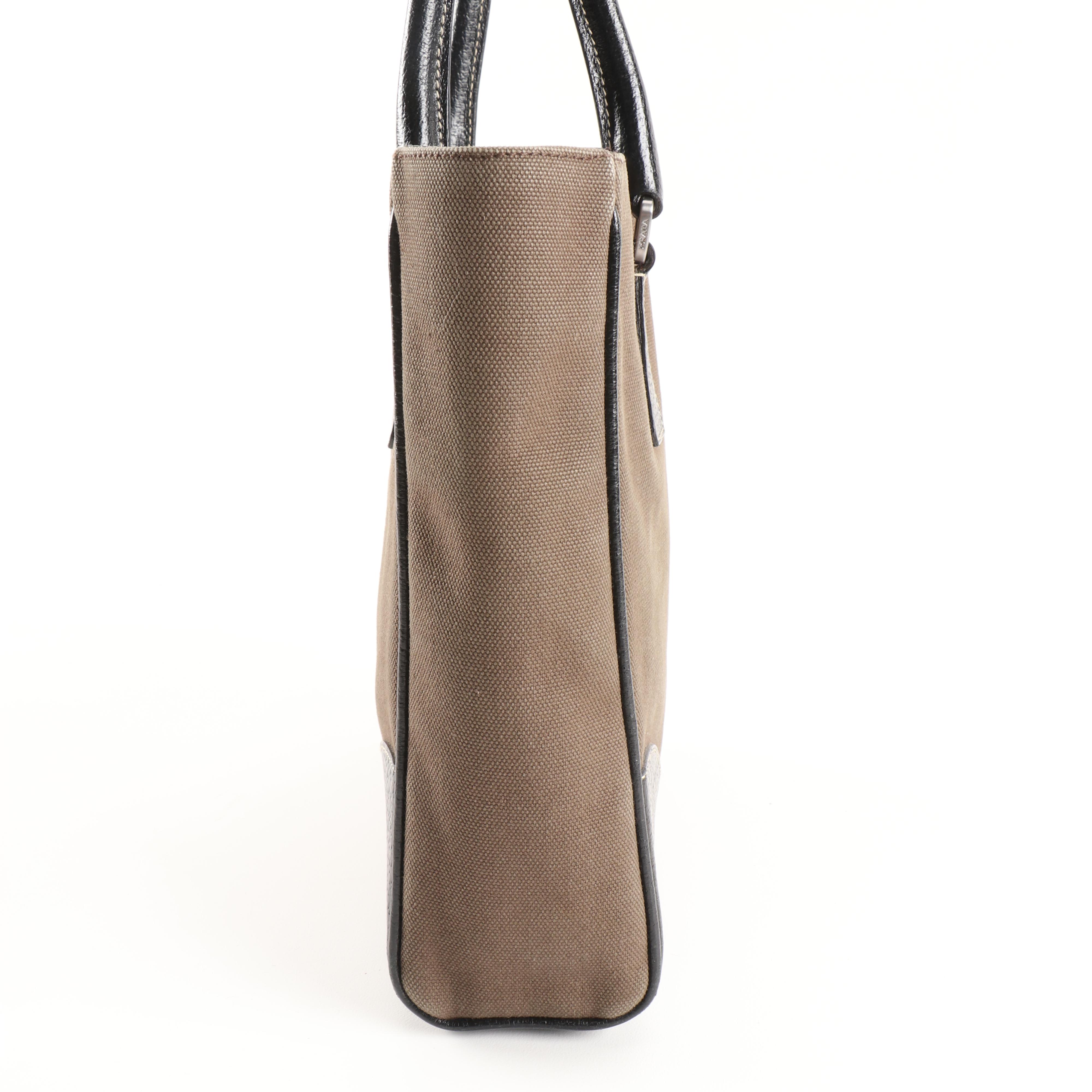 Prada Tote in Fumo Canapa Canvas and Nero Cinghiale Leather Trim