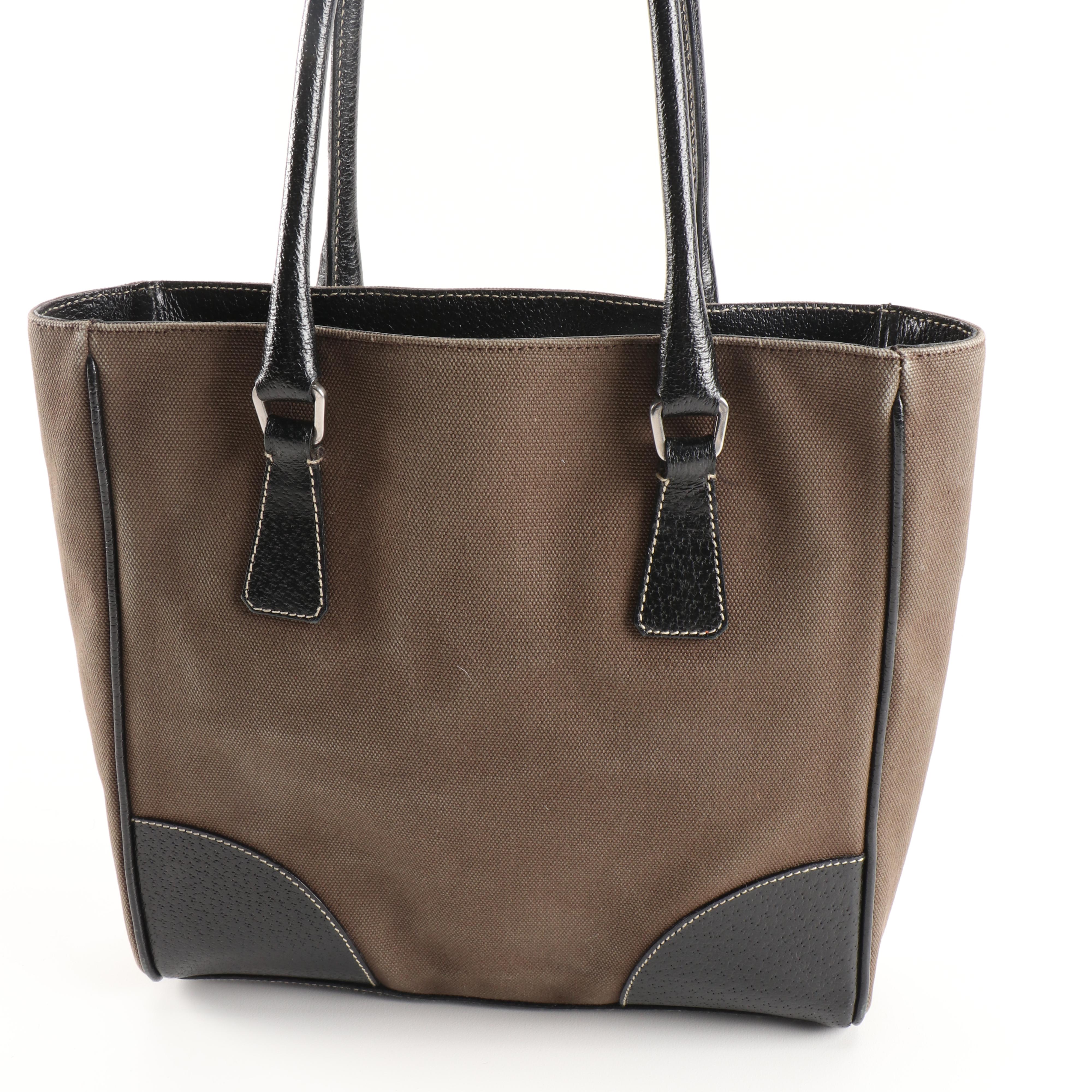 Prada Tote in Fumo Canapa Canvas and Nero Cinghiale Leather Trim