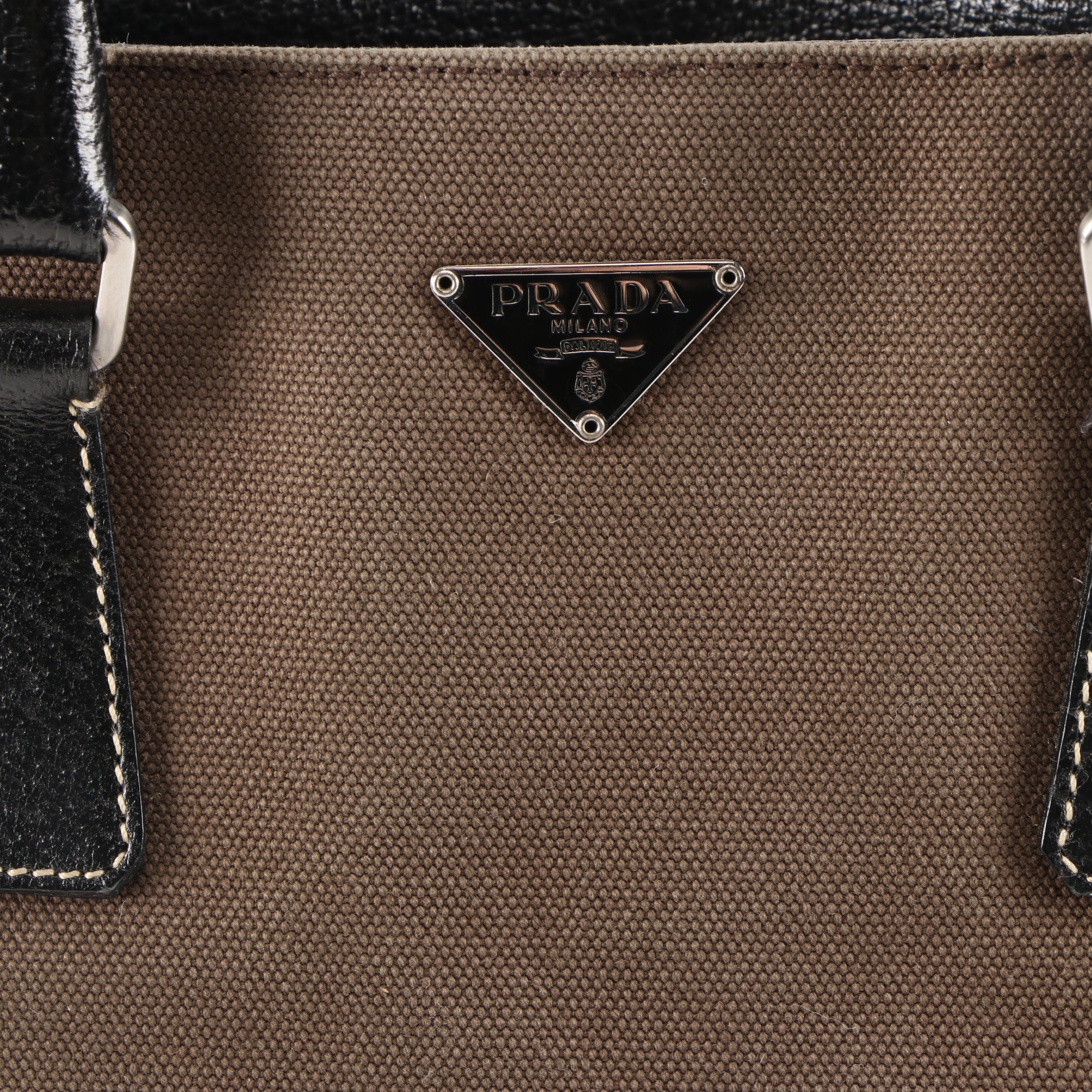 Prada Tote in Fumo Canapa Canvas and Nero Cinghiale Leather Trim