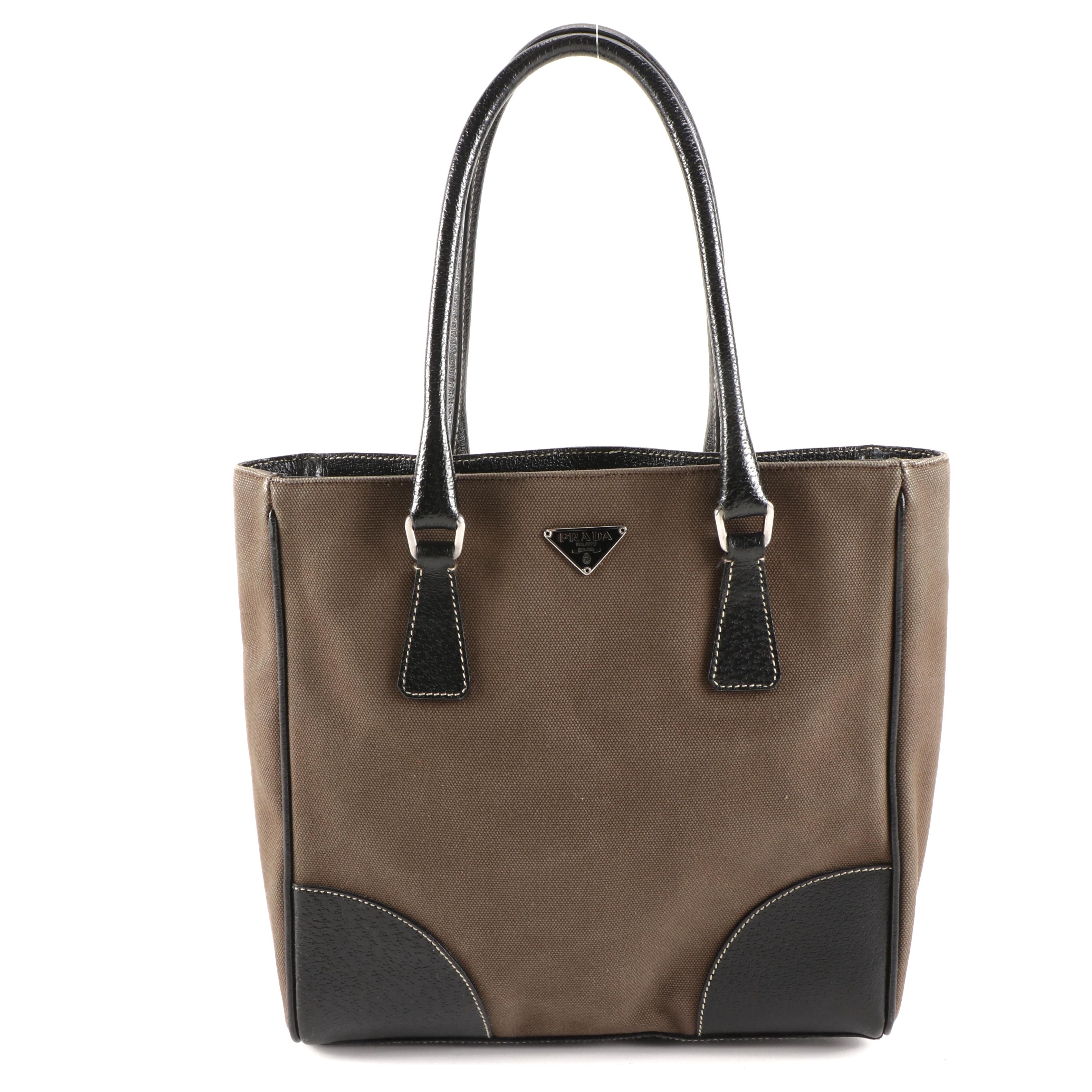 Prada Tote in Fumo Canapa Canvas and Nero Cinghiale Leather Trim