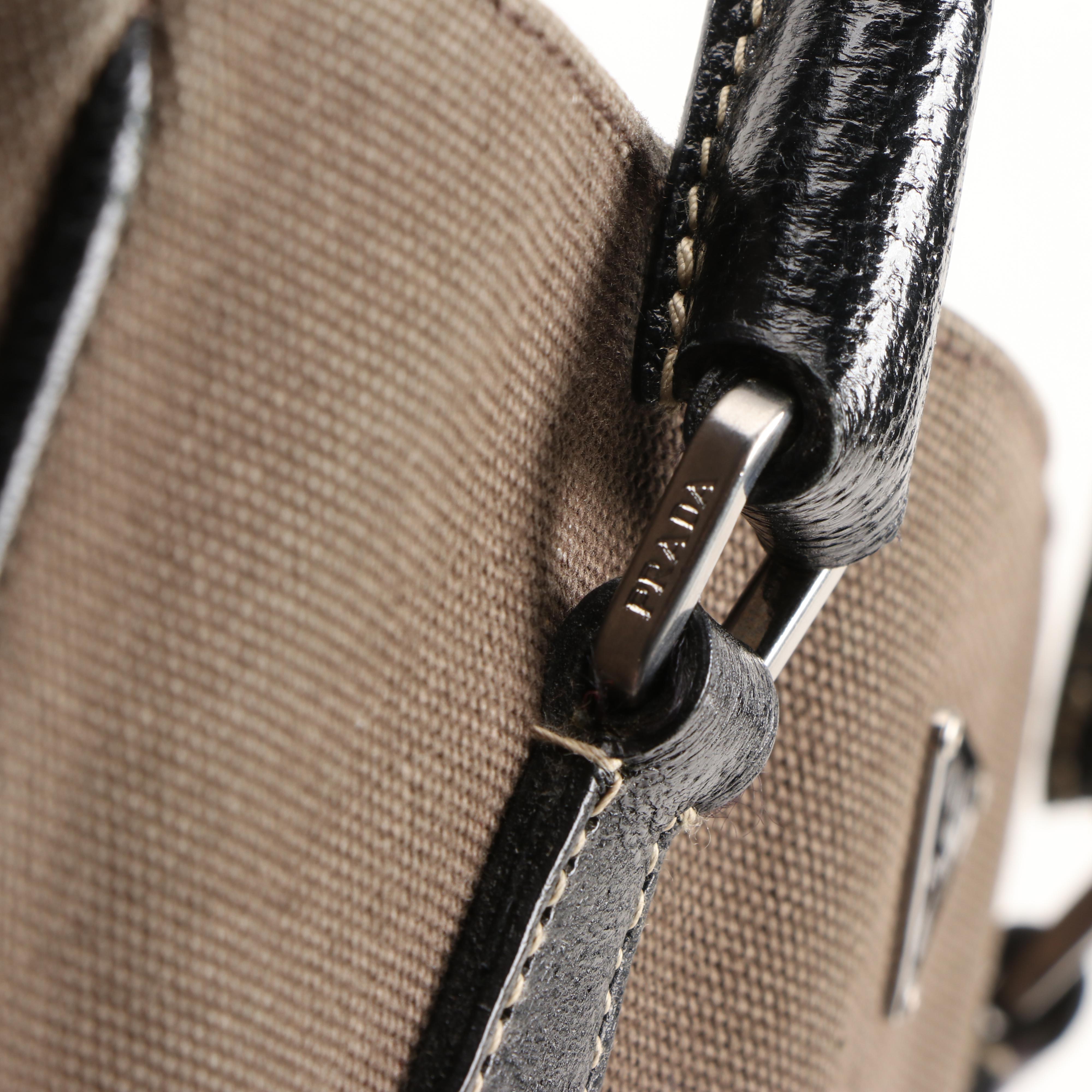 Prada Tote in Fumo Canapa Canvas and Nero Cinghiale Leather Trim