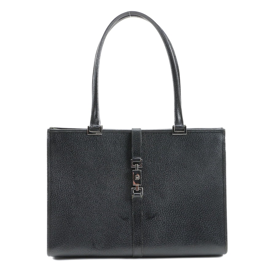 Gucci Tote in Black Textured Leather with Push Lock Closure