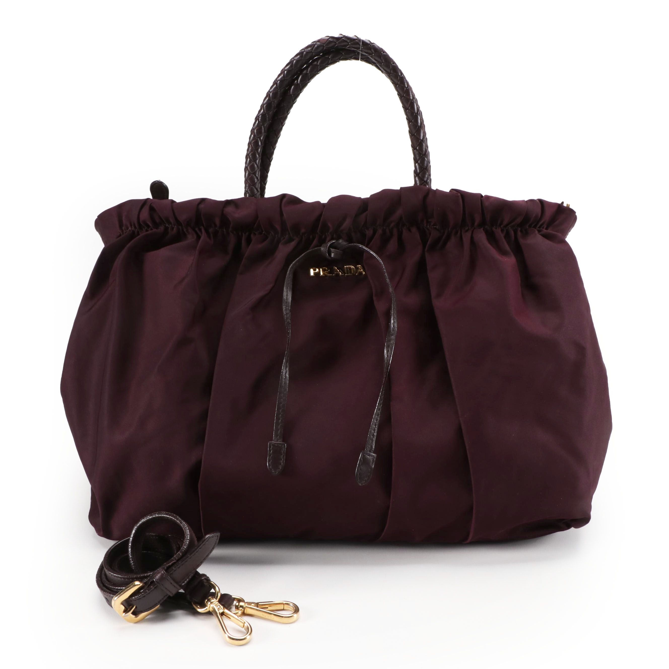 Prada Gathered Two-Way Bag in Bordeaux Tessuto Nylon with Braided Handles