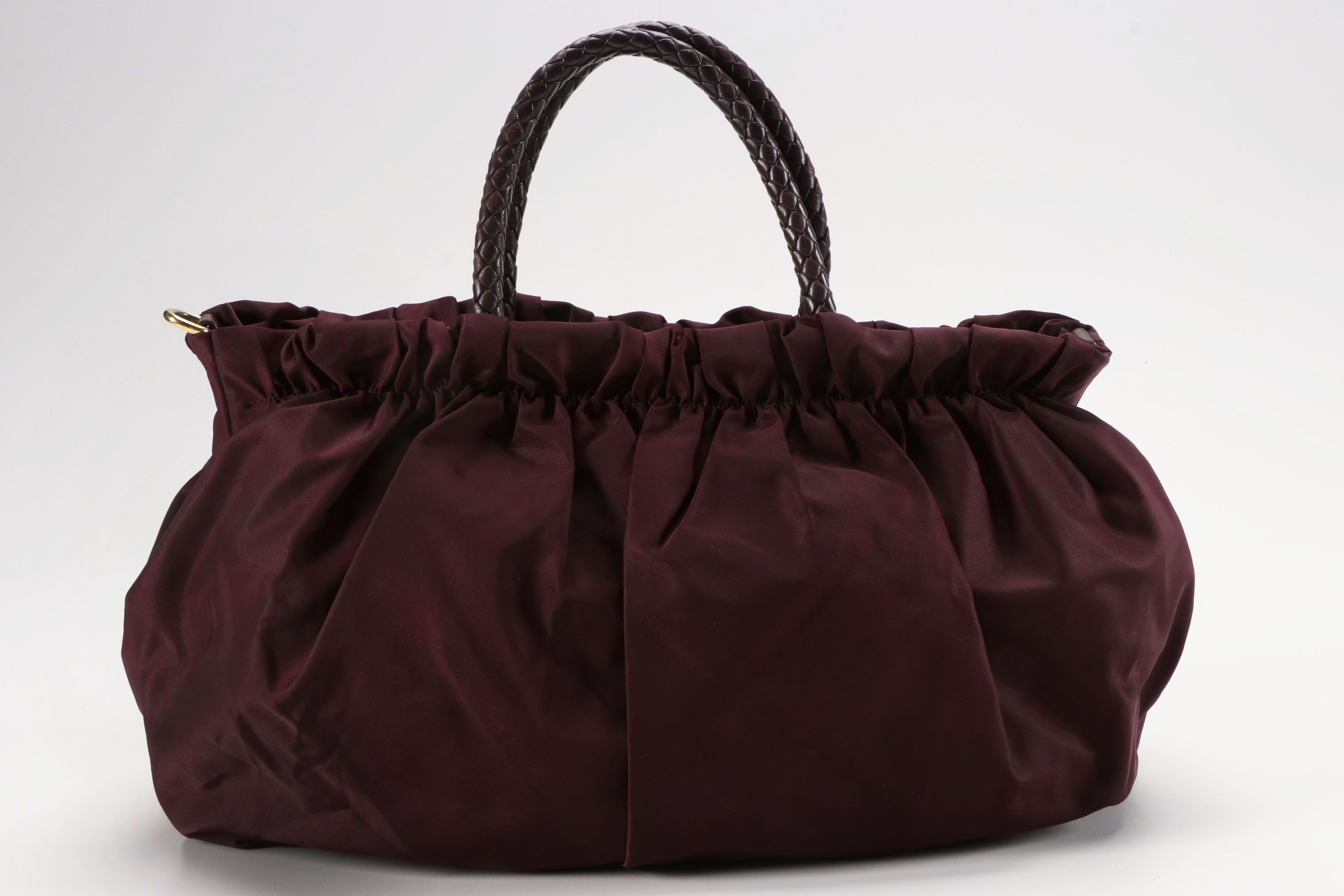 Prada Gathered Two-Way Bag in Bordeaux Tessuto Nylon with Braided Handles