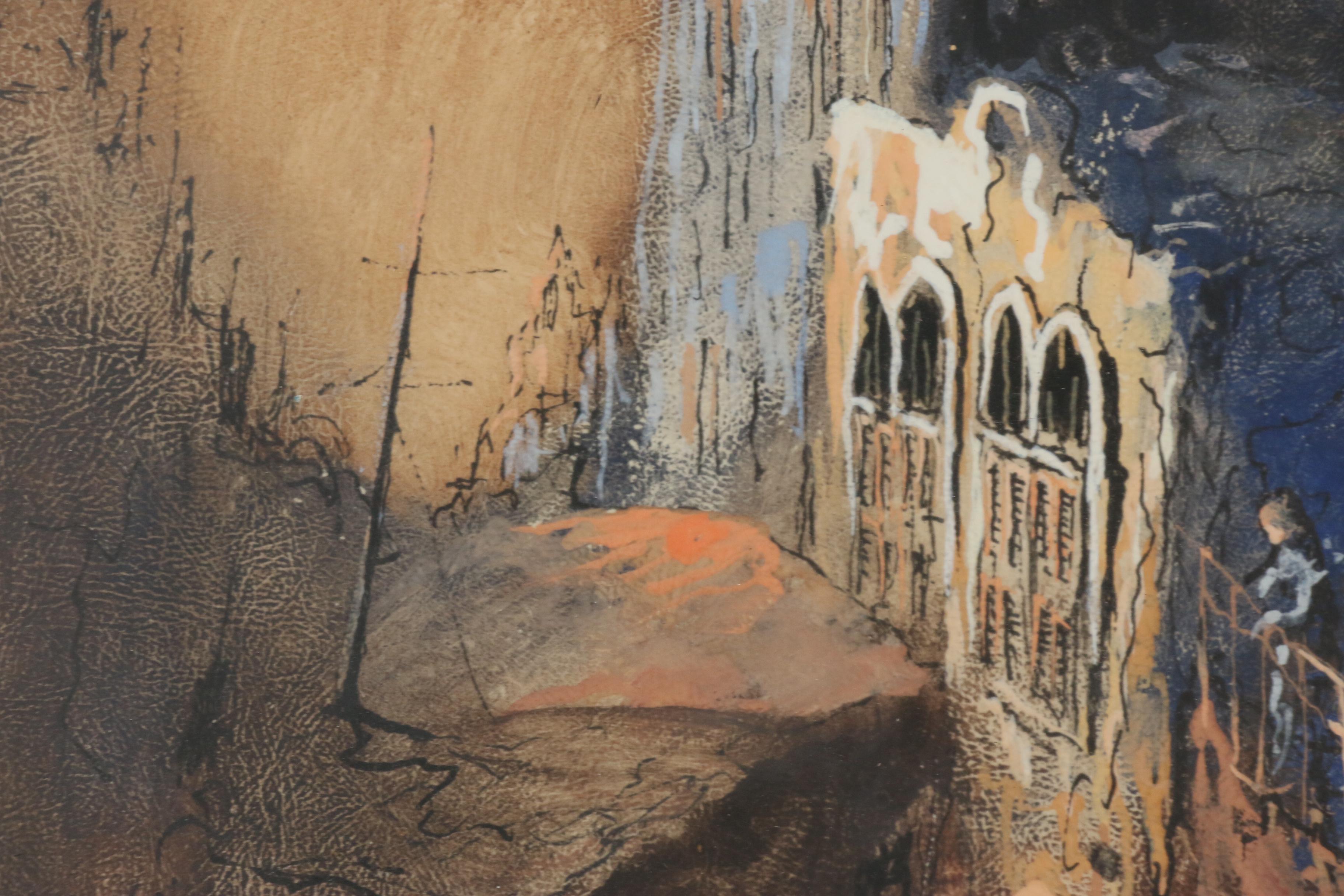 Ari Arad City Scene Gouache Paintings, Mid to Late 20th Century