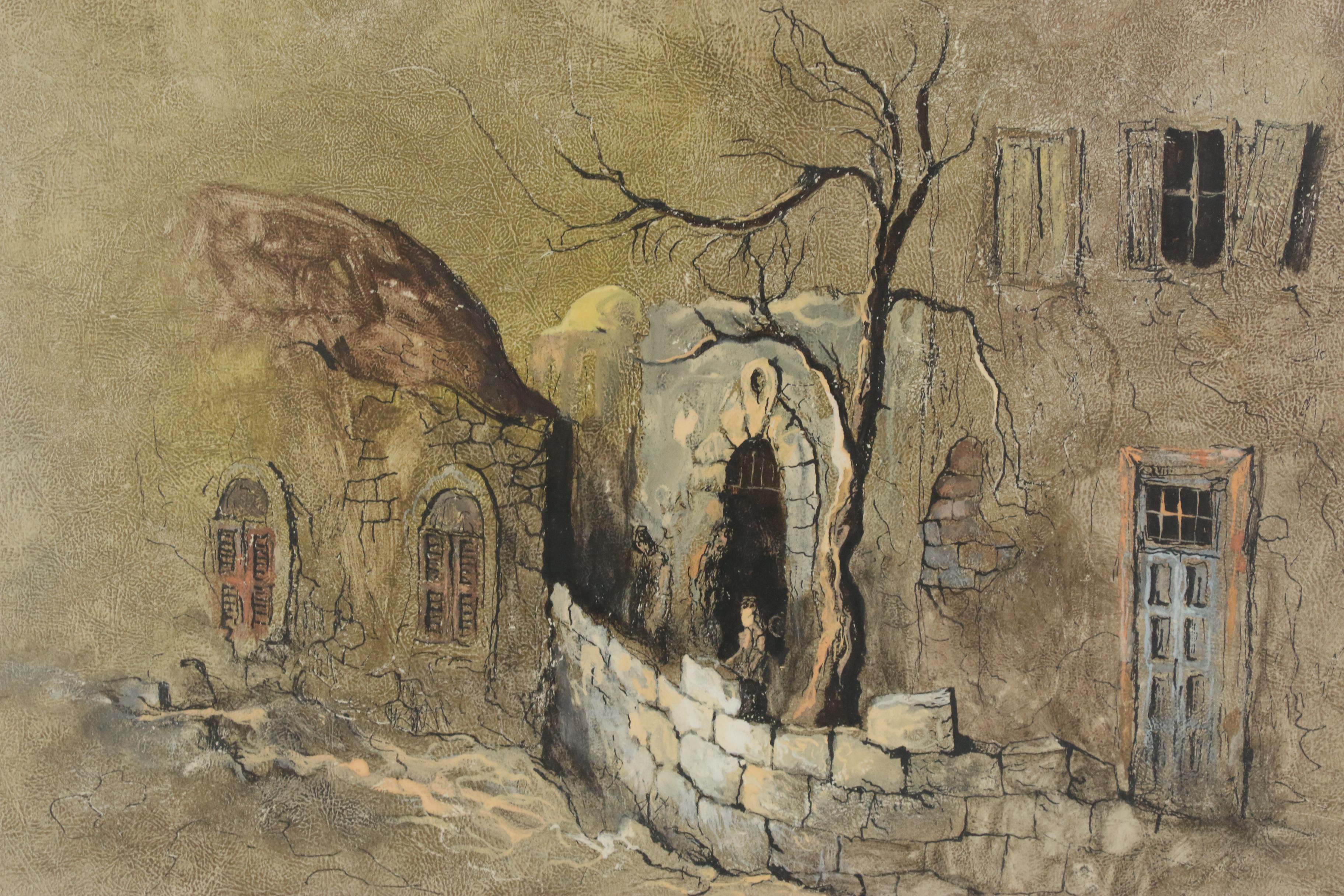 Ari Arad City Scene Gouache Paintings, Mid to Late 20th Century