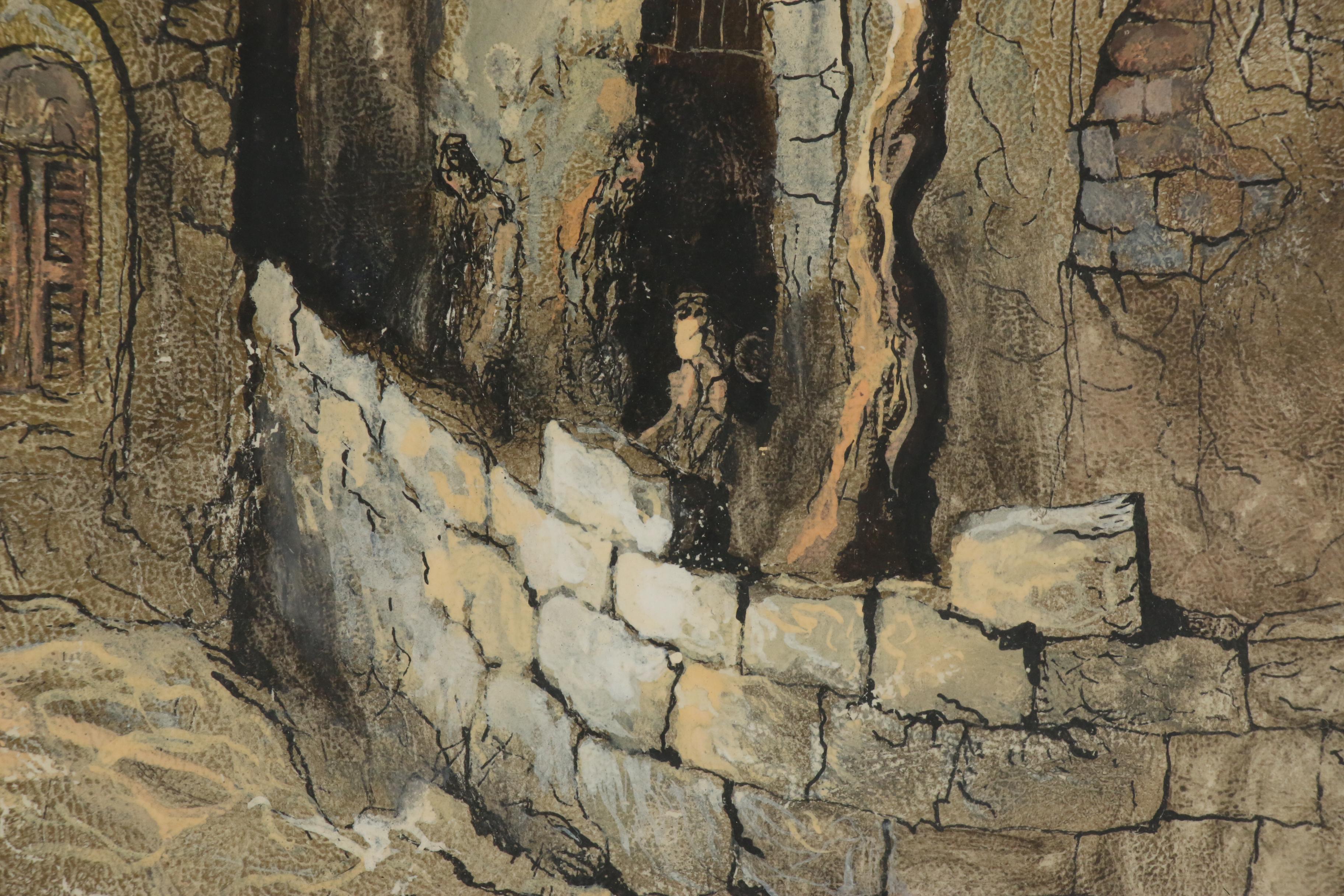 Ari Arad City Scene Gouache Paintings, Mid to Late 20th Century