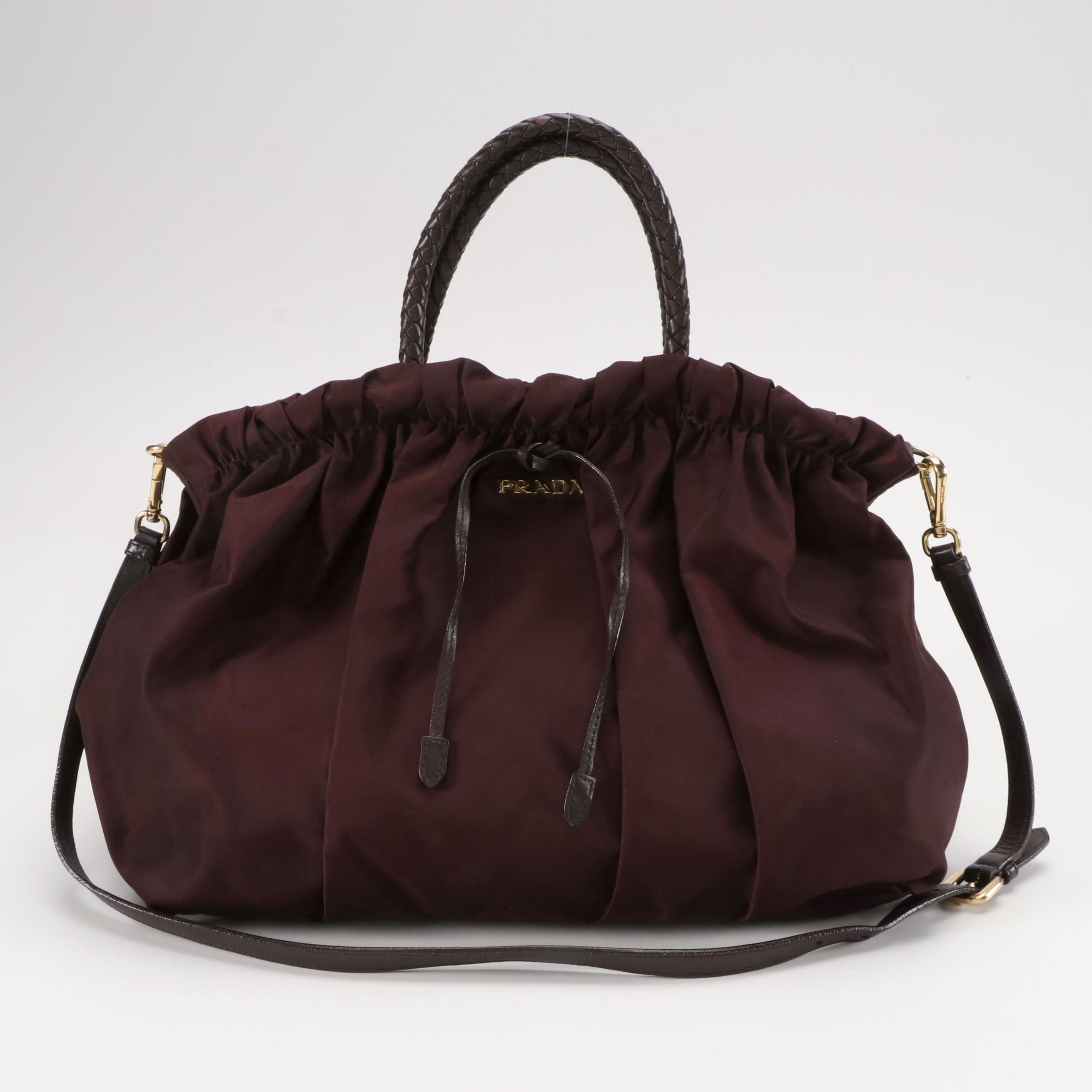 Prada Gathered Two-Way Bag in Bordeaux Tessuto Nylon with Braided Handles