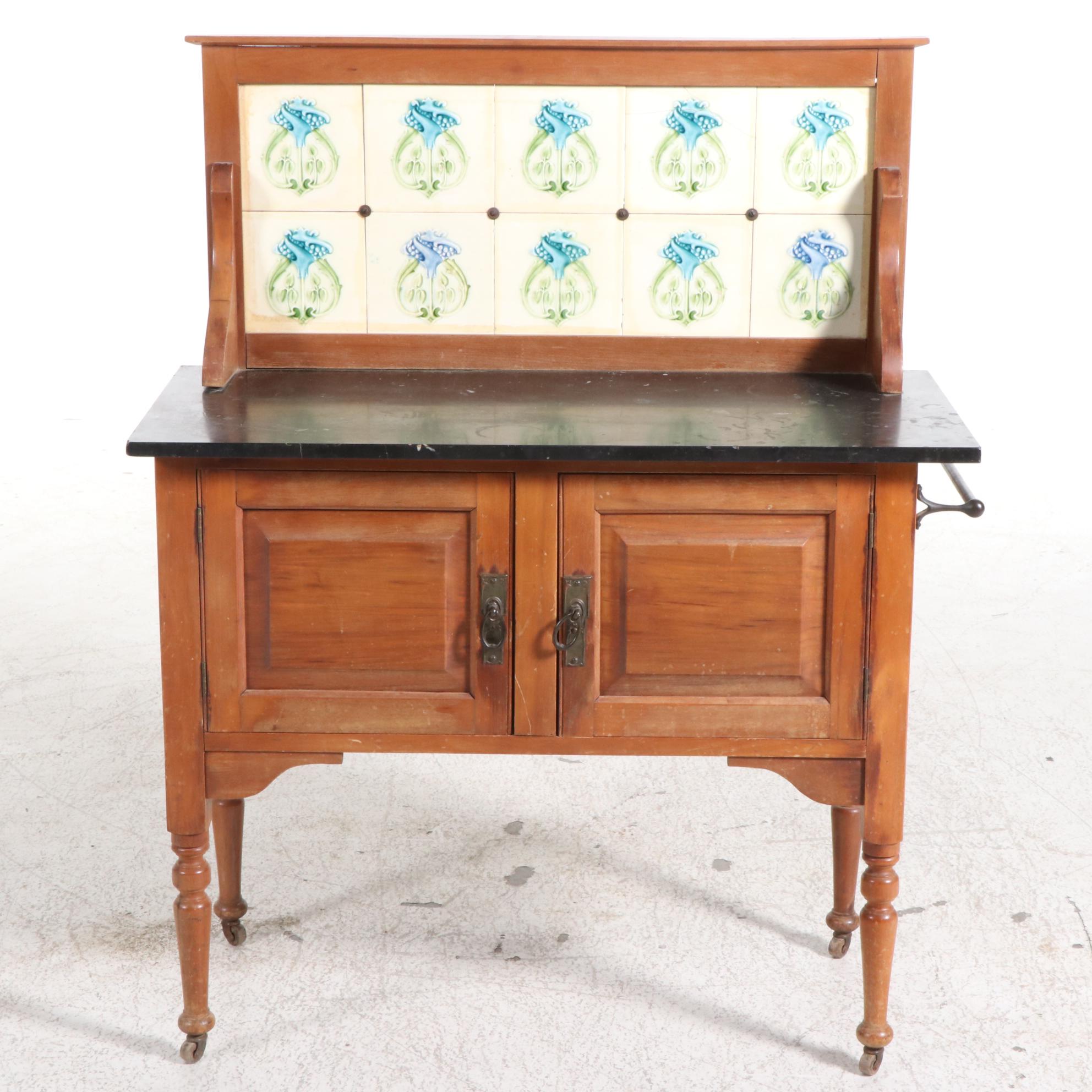 Stone-Top Dry Sink with Art Nouveau Tile Backsplash, Late 19th/Early 20th C.