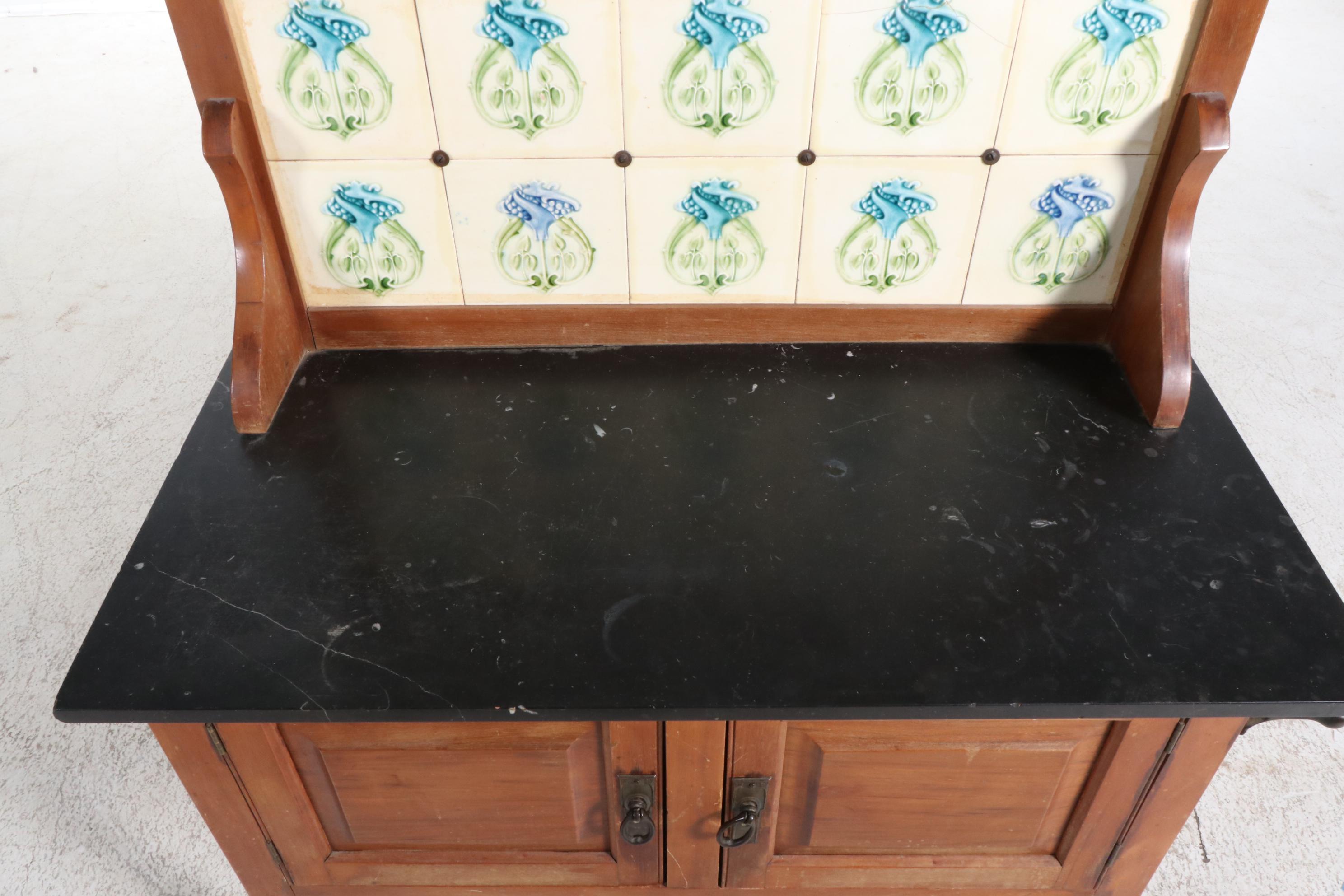 Stone-Top Dry Sink with Art Nouveau Tile Backsplash, Late 19th/Early 20th C.