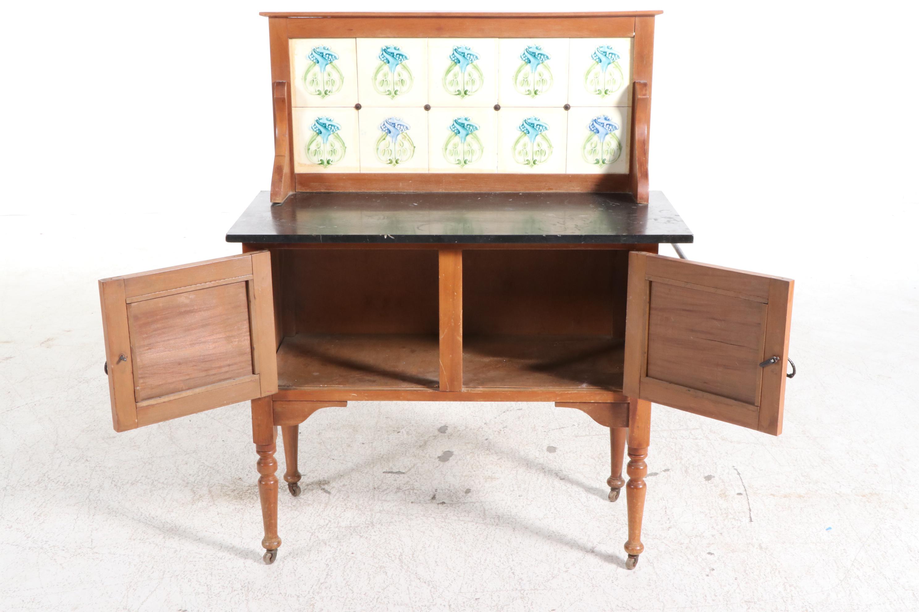 Stone-Top Dry Sink with Art Nouveau Tile Backsplash, Late 19th/Early 20th C.