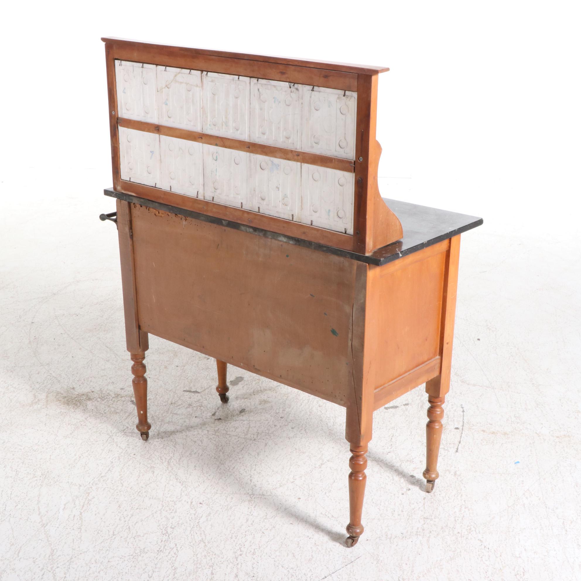 Stone-Top Dry Sink with Art Nouveau Tile Backsplash, Late 19th/Early 20th C.