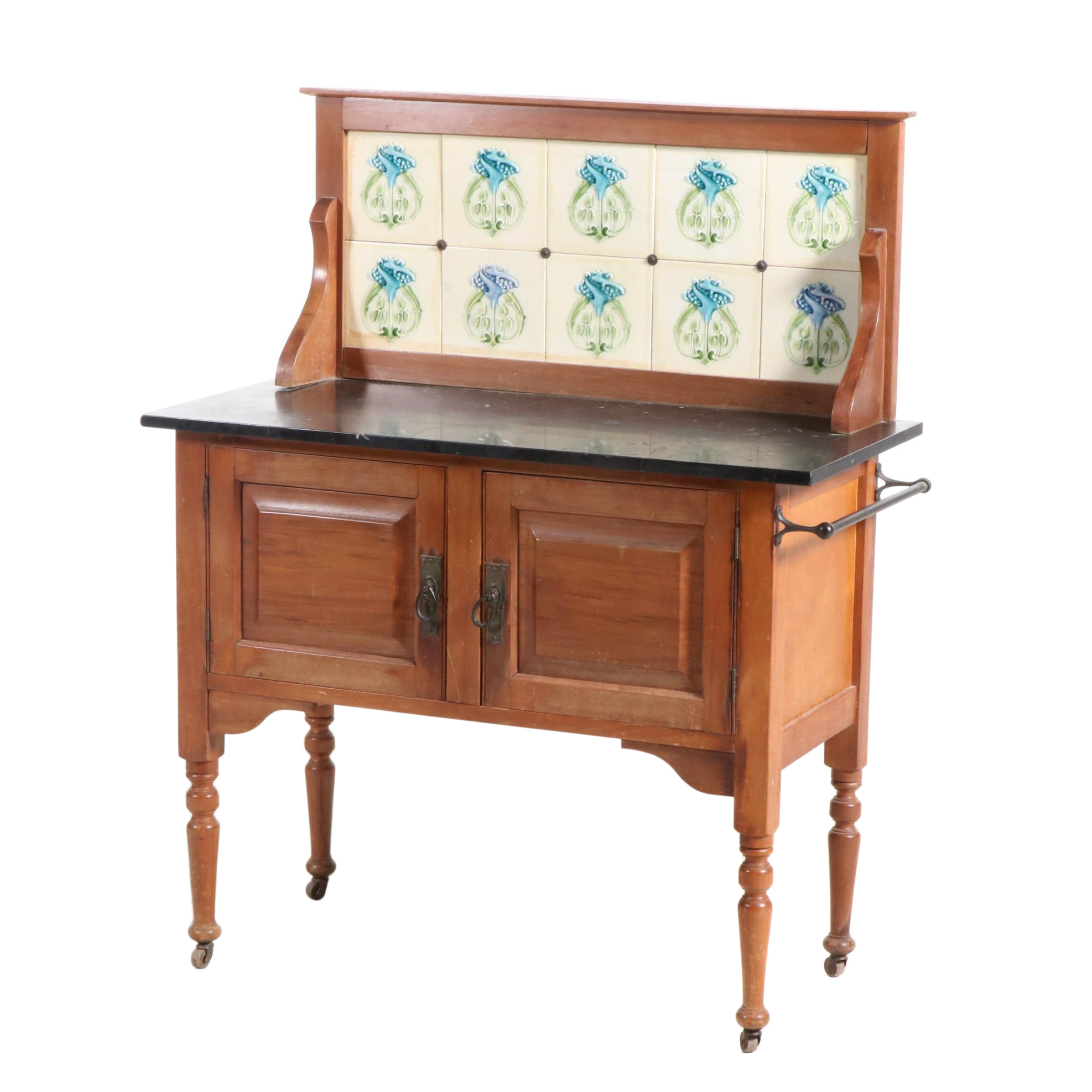 Stone-Top Dry Sink with Art Nouveau Tile Backsplash, Late 19th/Early 20th C.