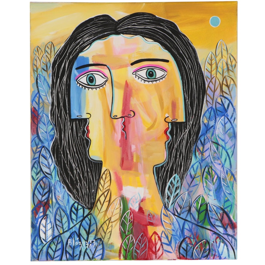Michel Blázquez Abstract Acrylic Painting "Woman in the Garden, Blue", 2020