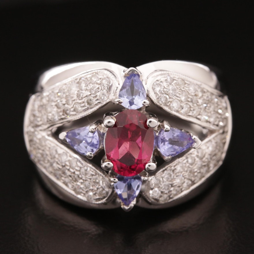 14K Rubellite Tourmaline, Tanzanite, 0.75 CTW Diamond Ring With Openwork Design