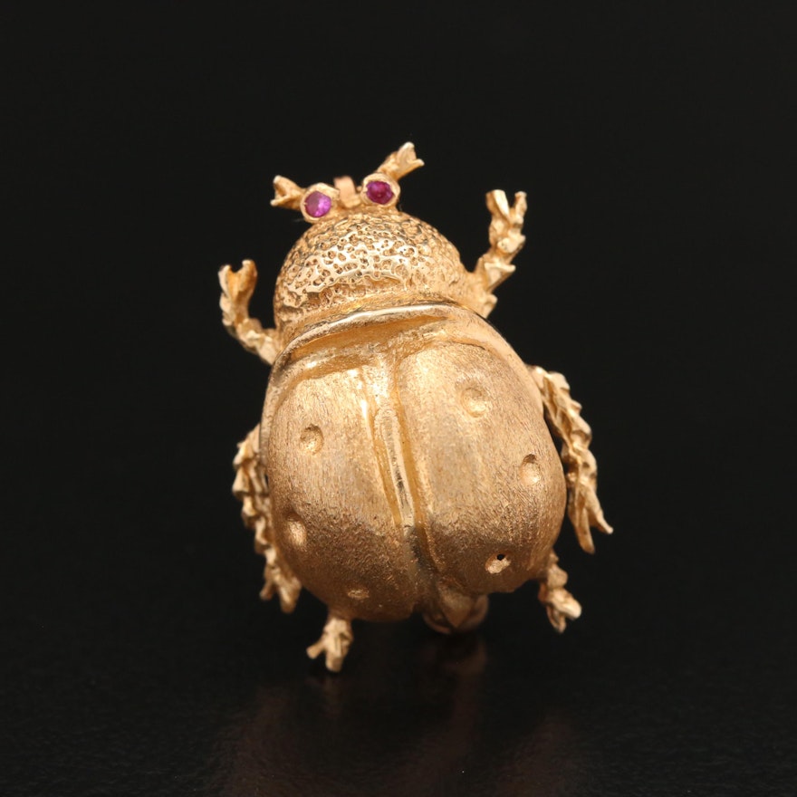 14K Gold Ruby Beetle Brooch