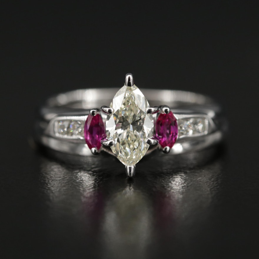 14K White Gold 1.00 CTW Diamond and Ruby Ring