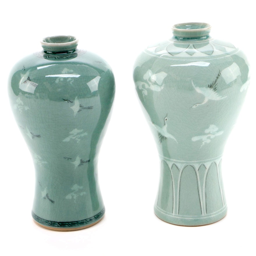 Korean Celadon Maebyeong Vases with Flying Cranes