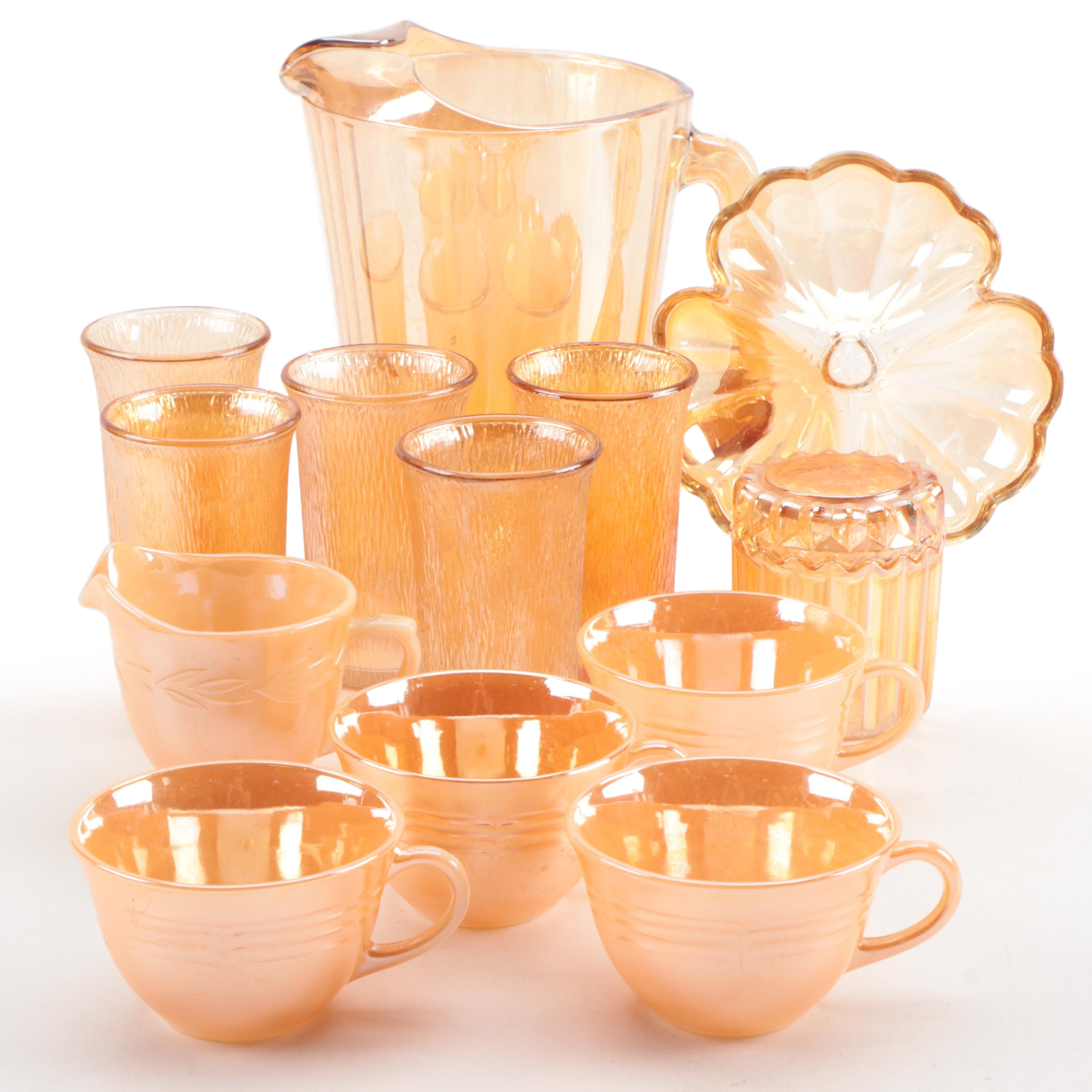 Fire King Carnival Glass Teacups and Creamer with Other Marigold Carnival Glass