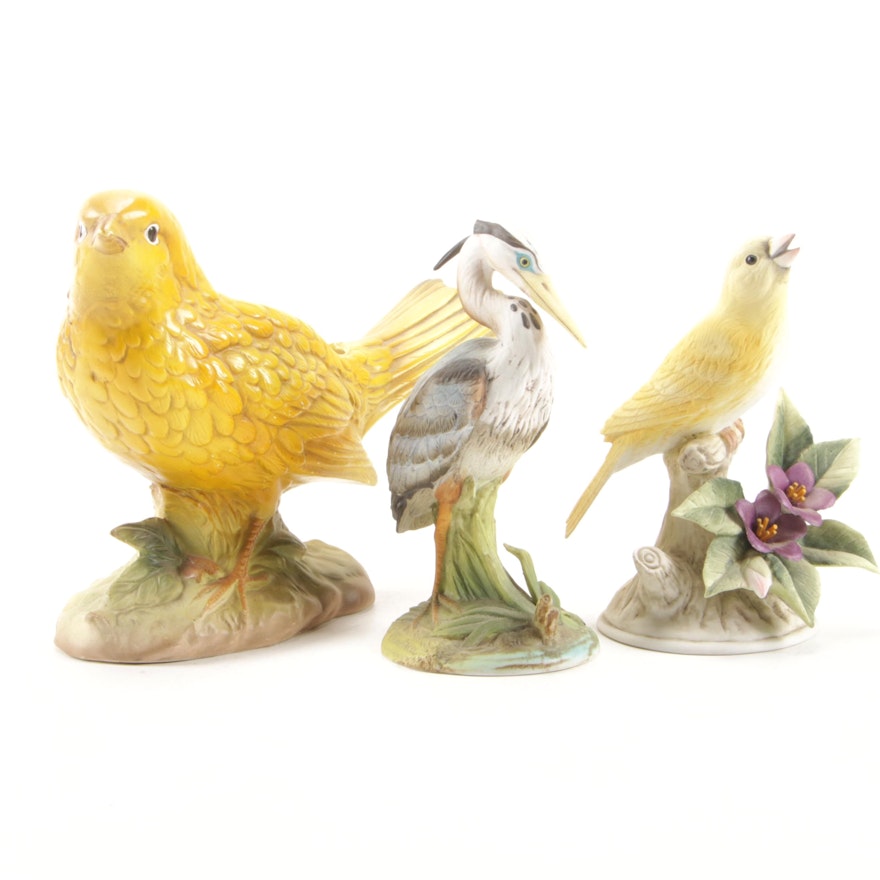 Andrea by Sadek "Canary" and "Blue Heron" Porcelain Figurine with Canary Planter