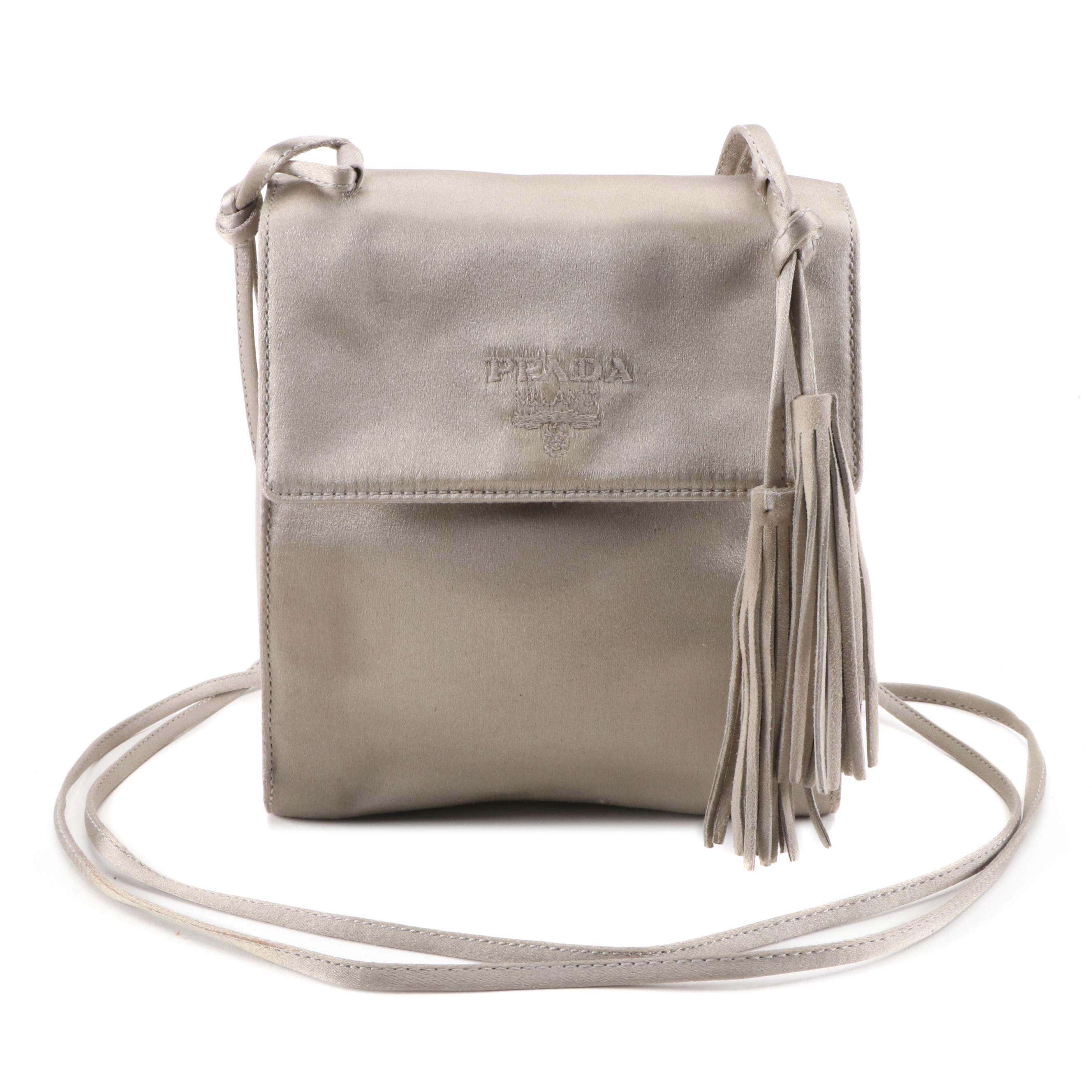 Prada Gray Satin Front Flap Crossbody Bag with Suede Tassel