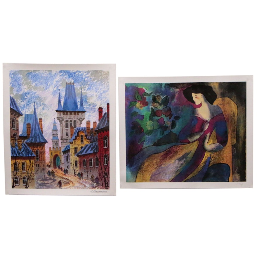 Pair of Decorative Offset Lithographs European City and Abstract Woman