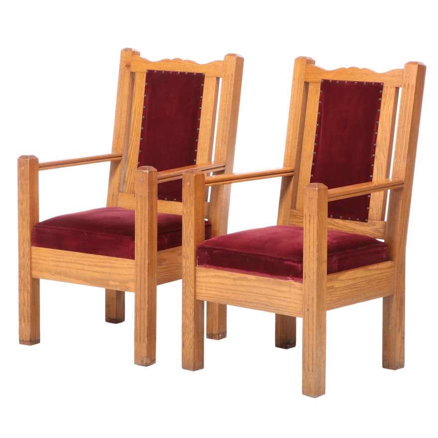 Pair of Oak Open Armchairs, Possibly Ecclesiastical, 20th Century