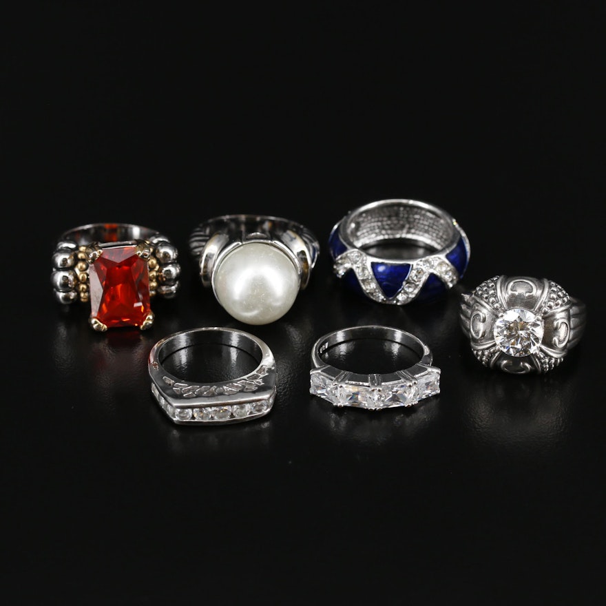 Ring Selection Featuring Sterling Silver, Imitation Pearl, and Rhinestones