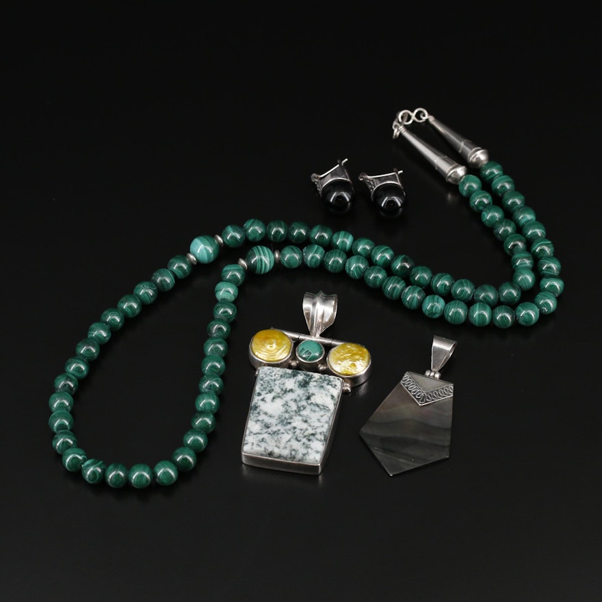 Sterling Silver Jewelry Including Tree Agate, Pearl and Marcasite
