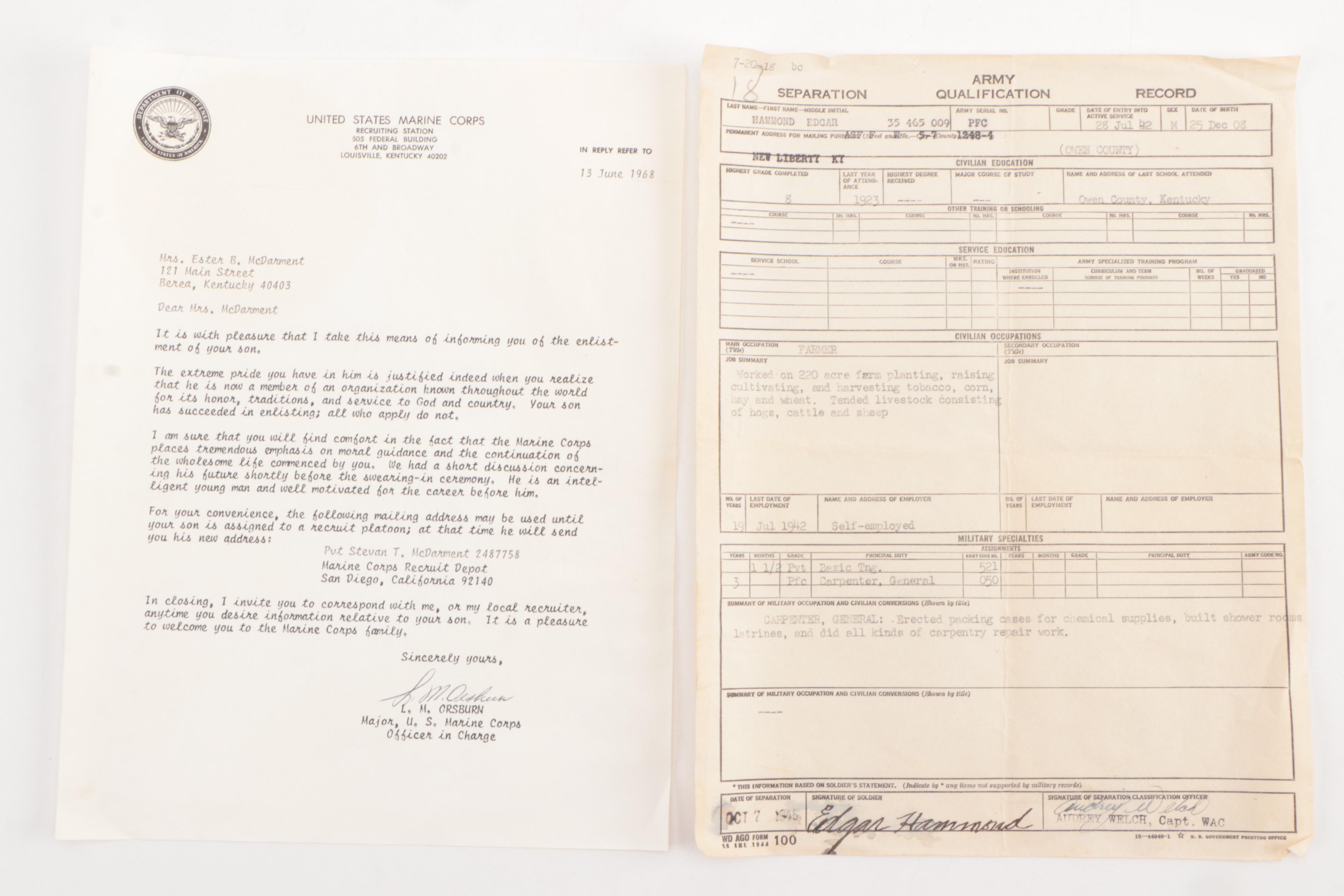 United States Army Separation Paperwork and Memorial Paperwork
