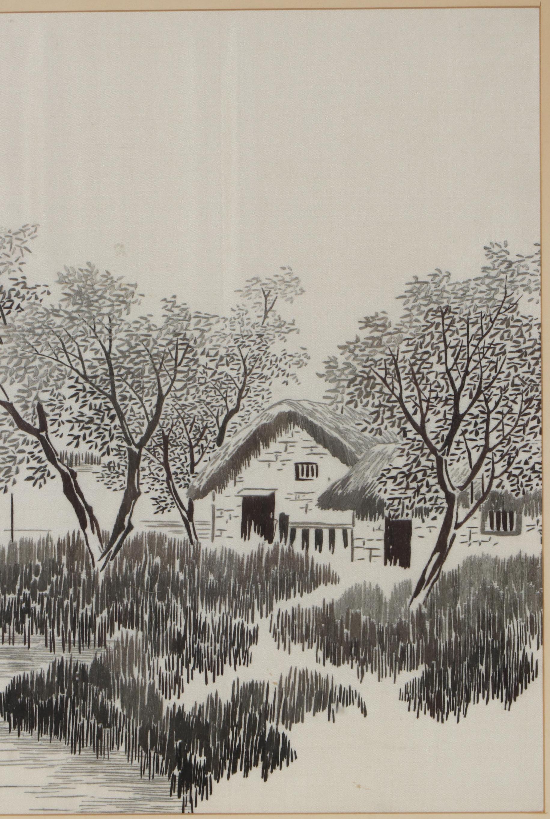 East Asian Landscape Watercolor Painting on Silk